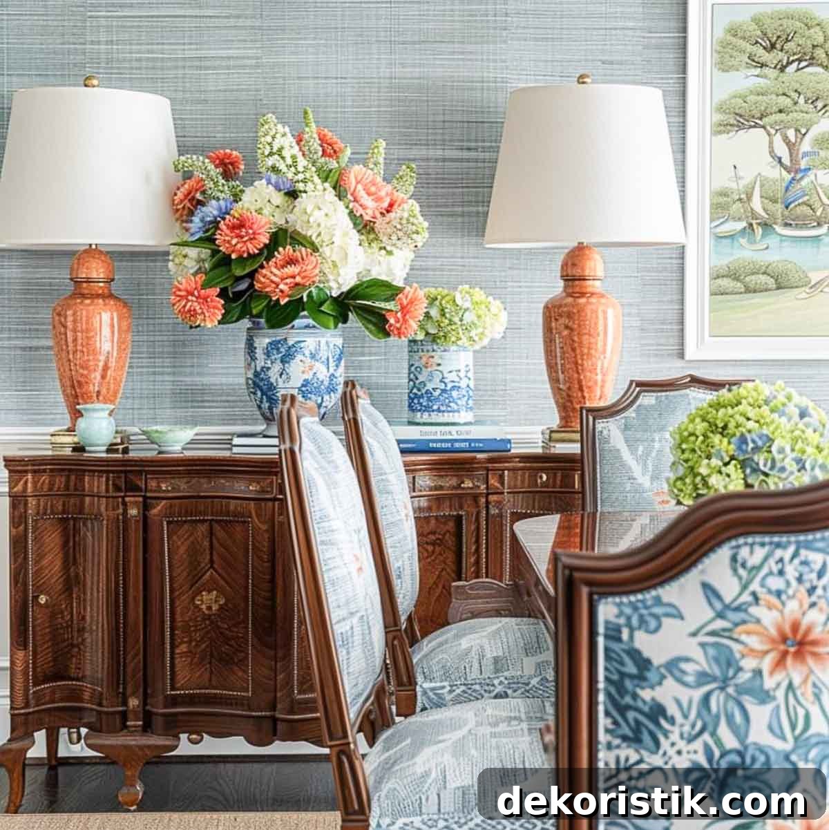 Dining room with blue grasscloth wallpaper and coral lamps on a brown wood sideboard