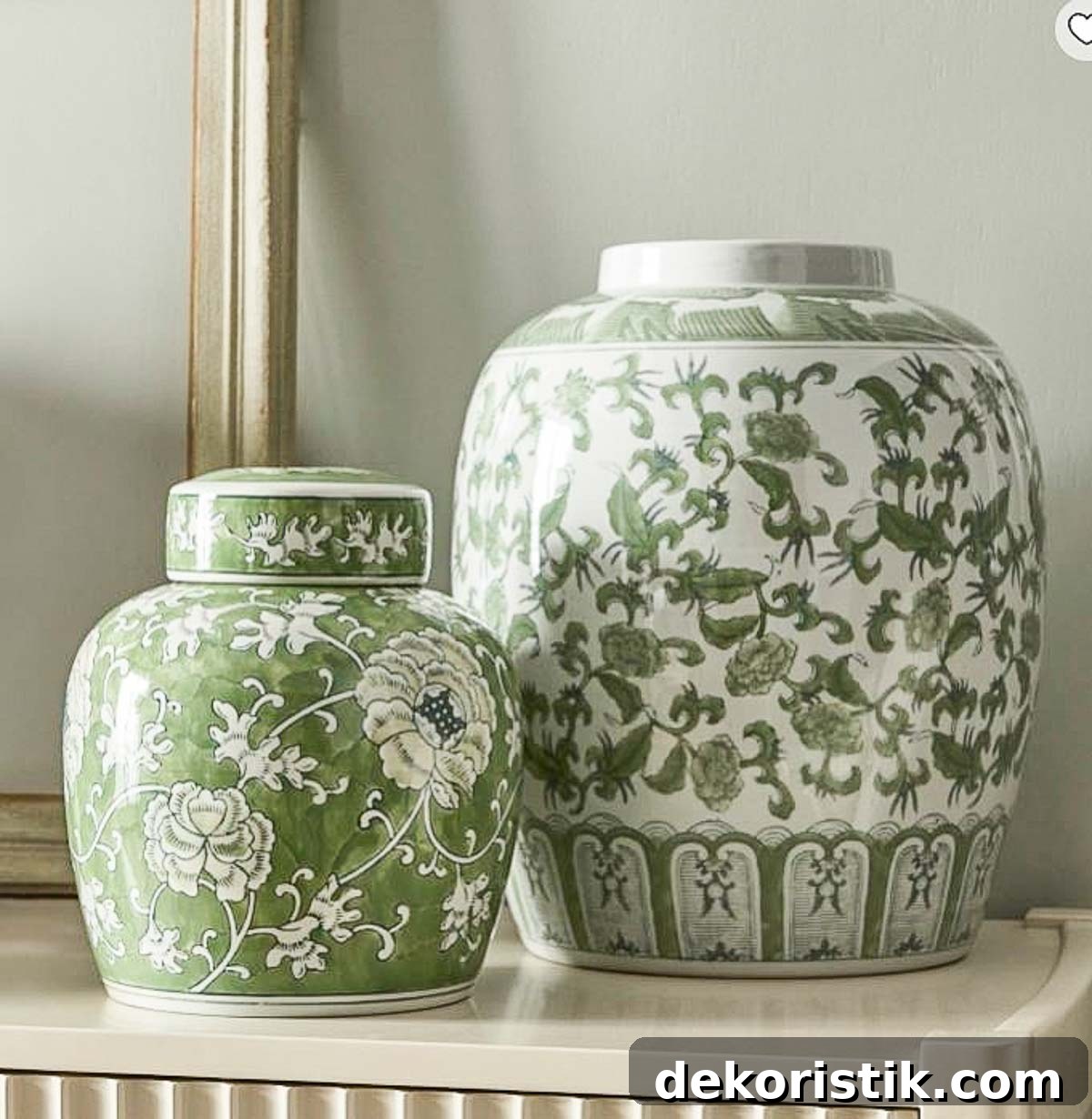 pair of green and white chinoiserie ginger jars
