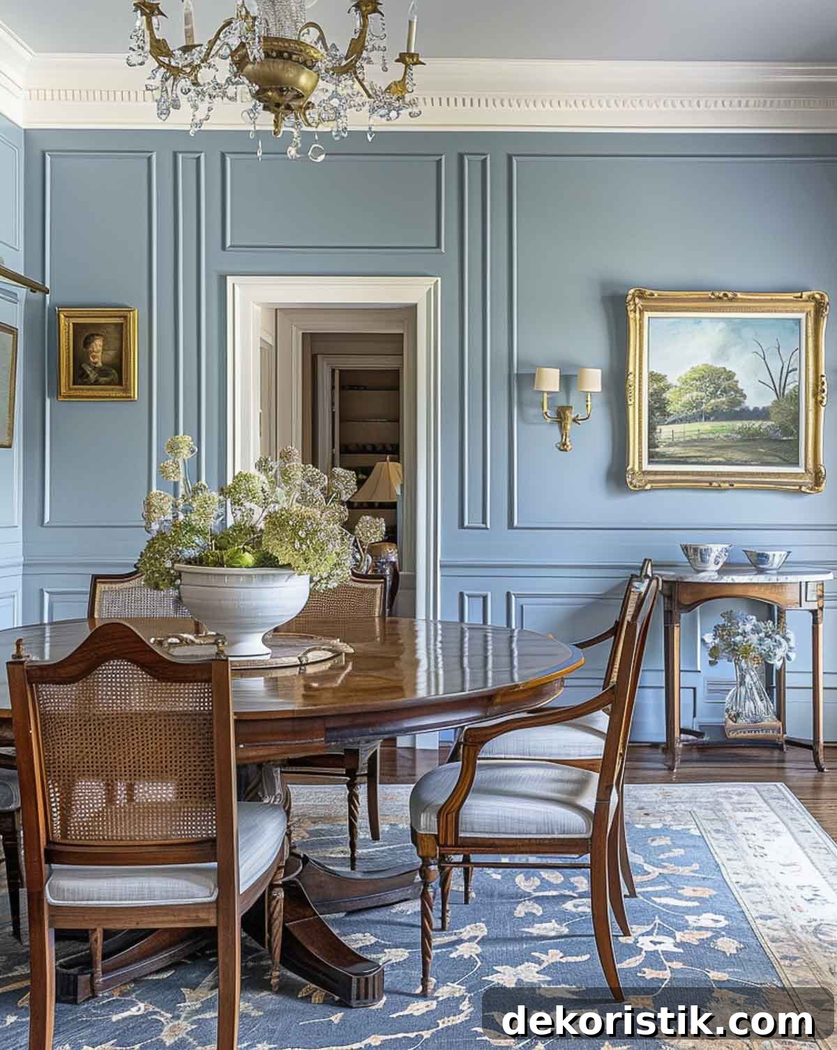 dining room with wood table and chairs and walls painted in a medium blue color