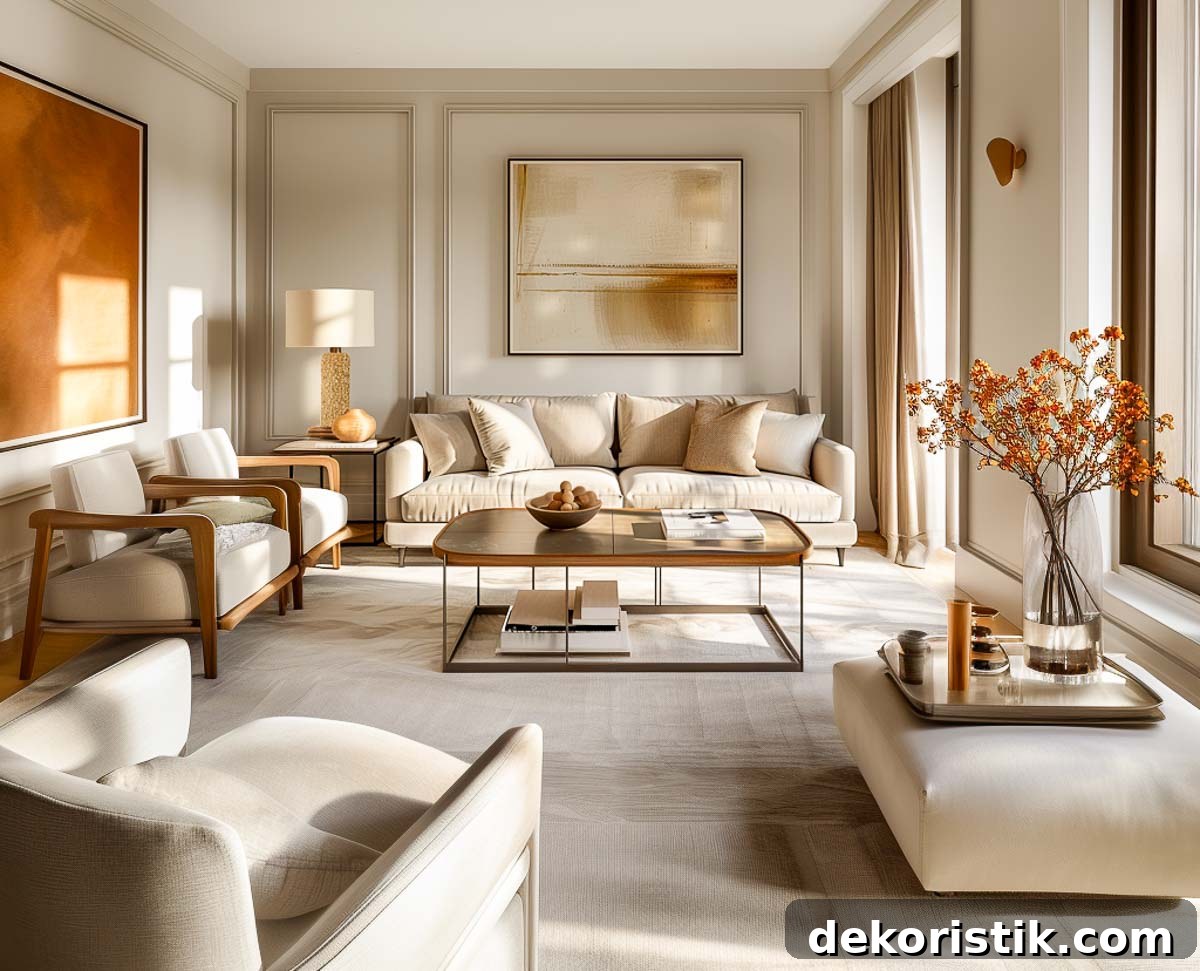 a modern living room furnished with neutral colors, art and accessories