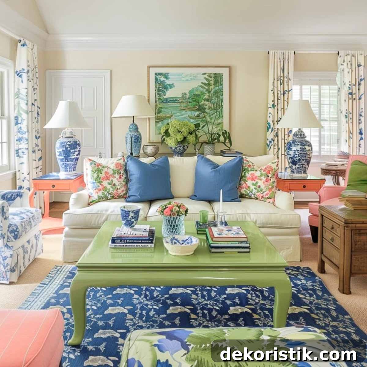 a traditionally furnished living room with a color palette of blue and white with coral accents