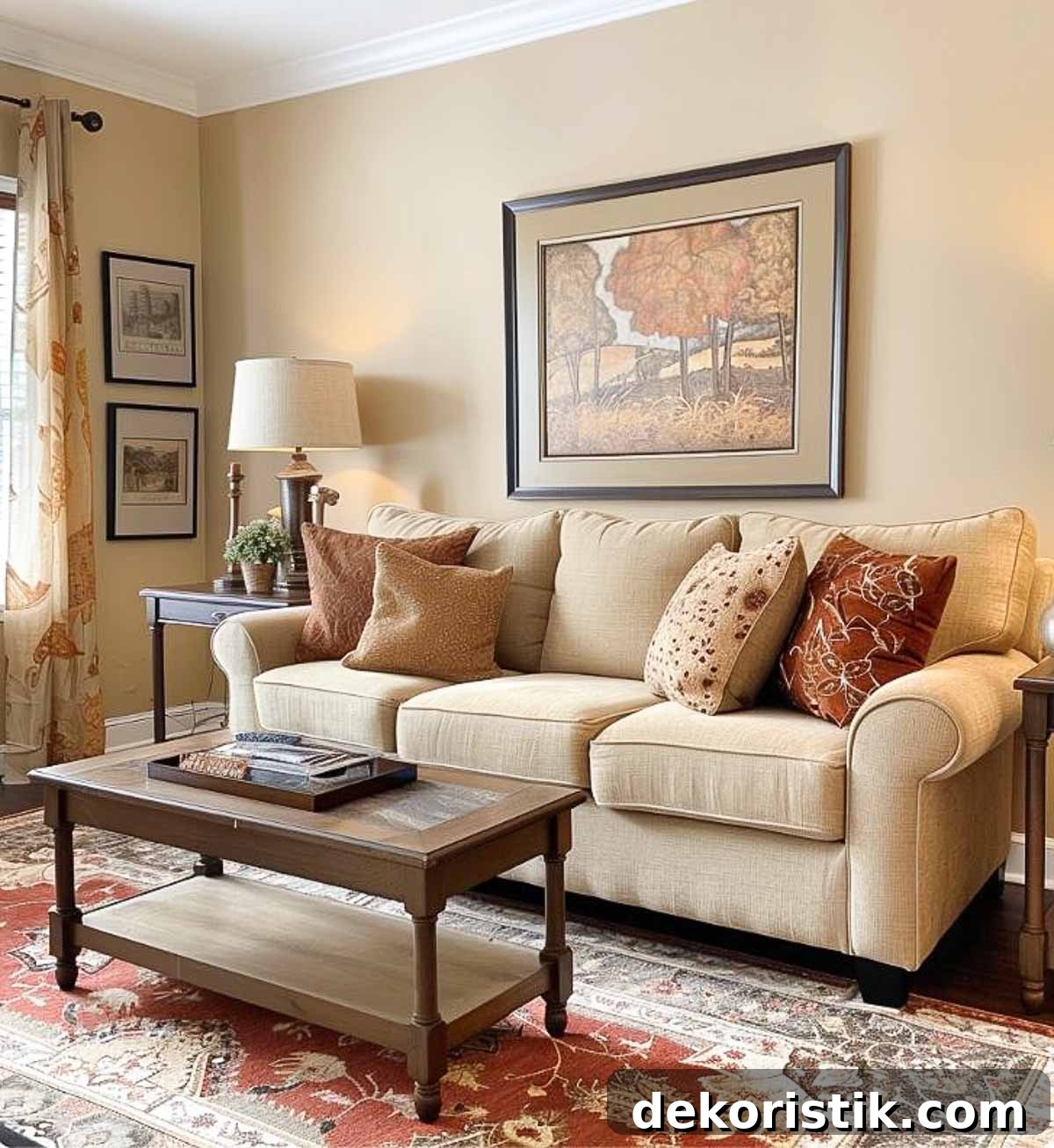 living room with beige walls, a beige sofa and decor in tones of brick red and pale yellow