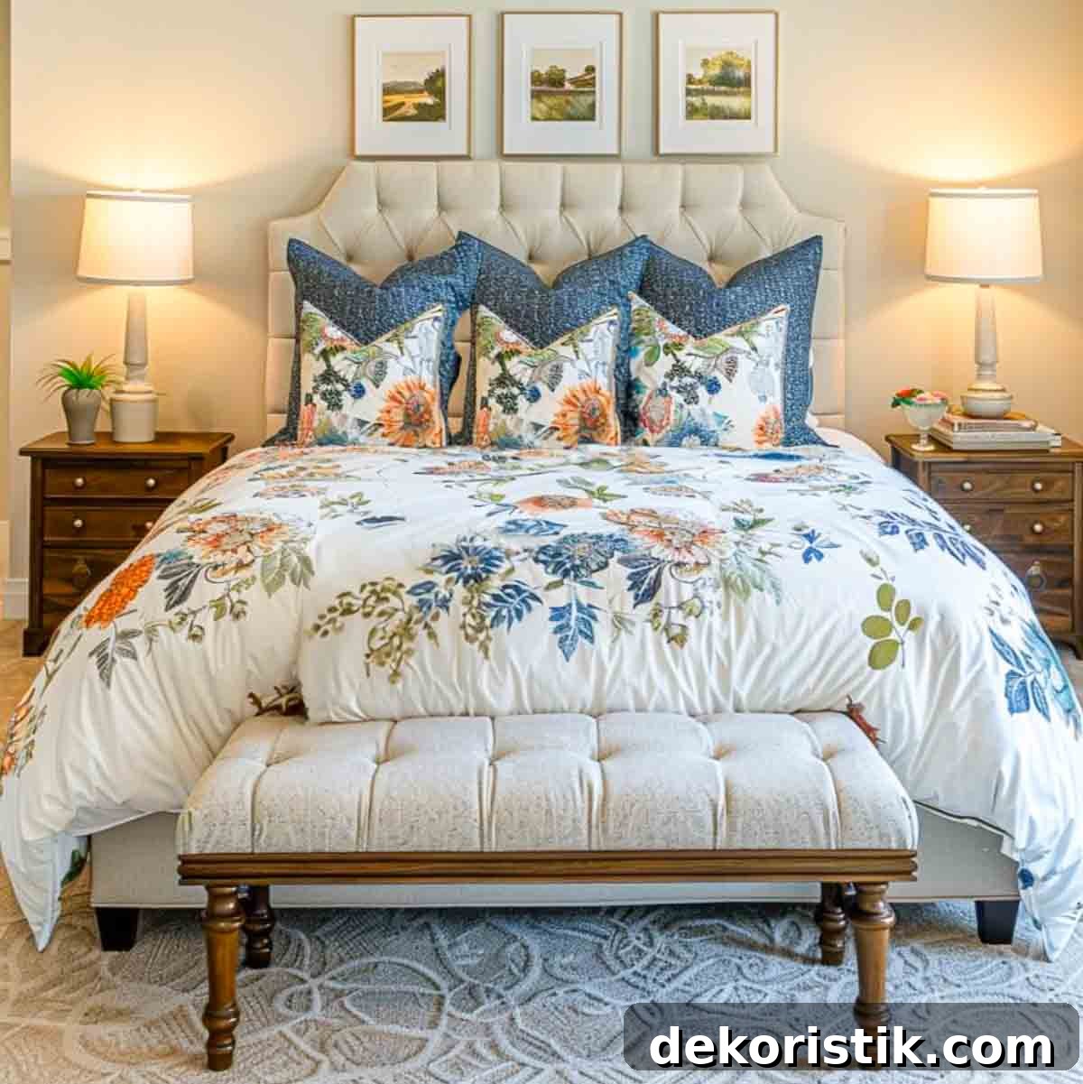bed in a bedroom flanked by wood nightstands. the bed has a cream upholstered headboard and the bedding is white with a blue and coral floral print. a bench is at the bottom of the bed.