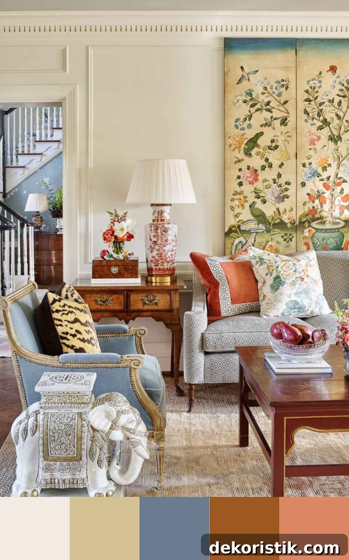 partial view of a traditionally decorated living room showing the color scheme used in it