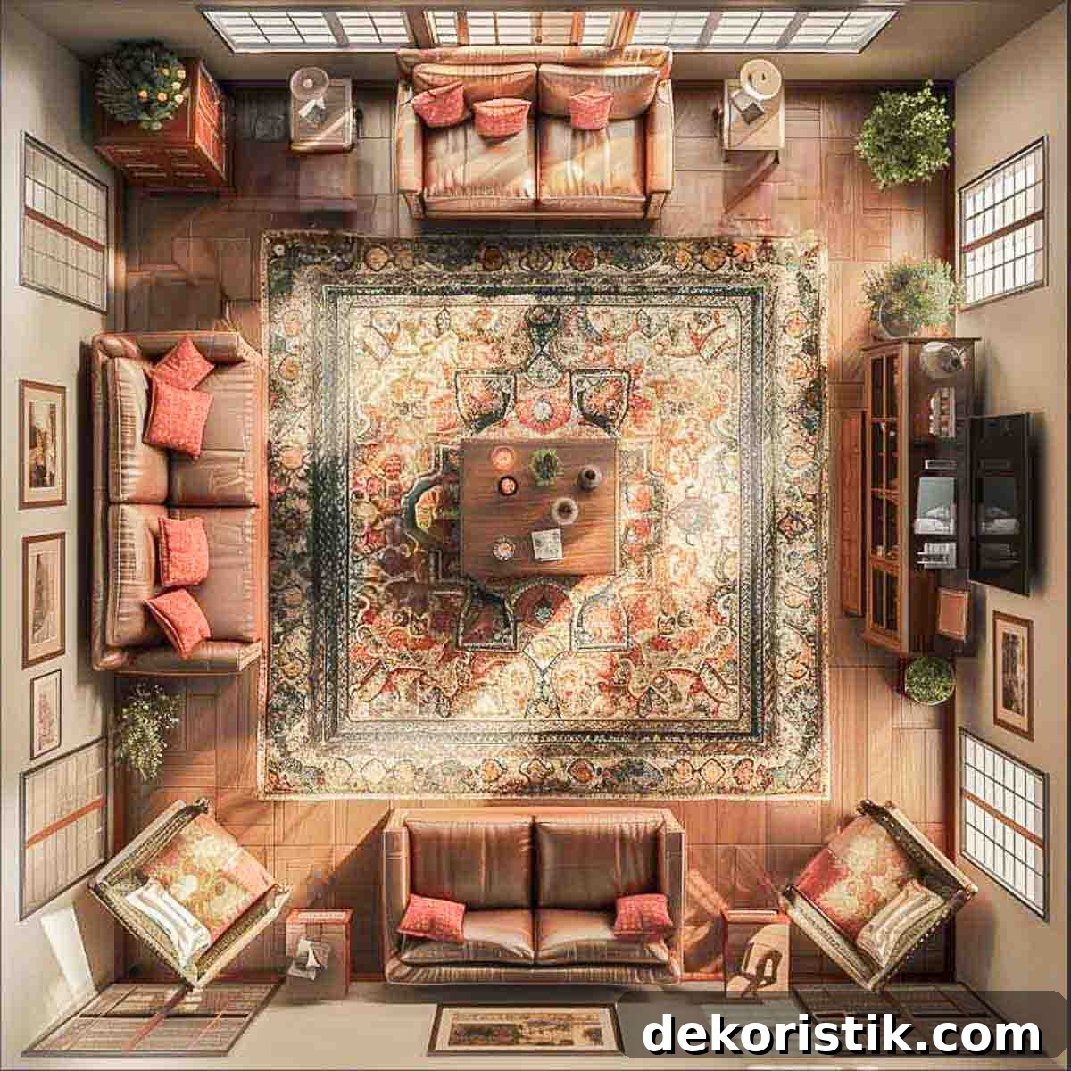 graphic image depicting an overhead view of a living room furniture arrangement