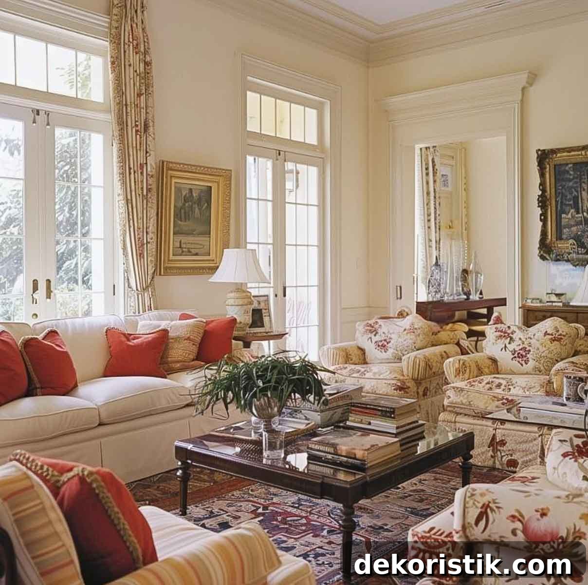 diagonal view of a living room with southern traditional style furniture and accessories in creams and rust colors