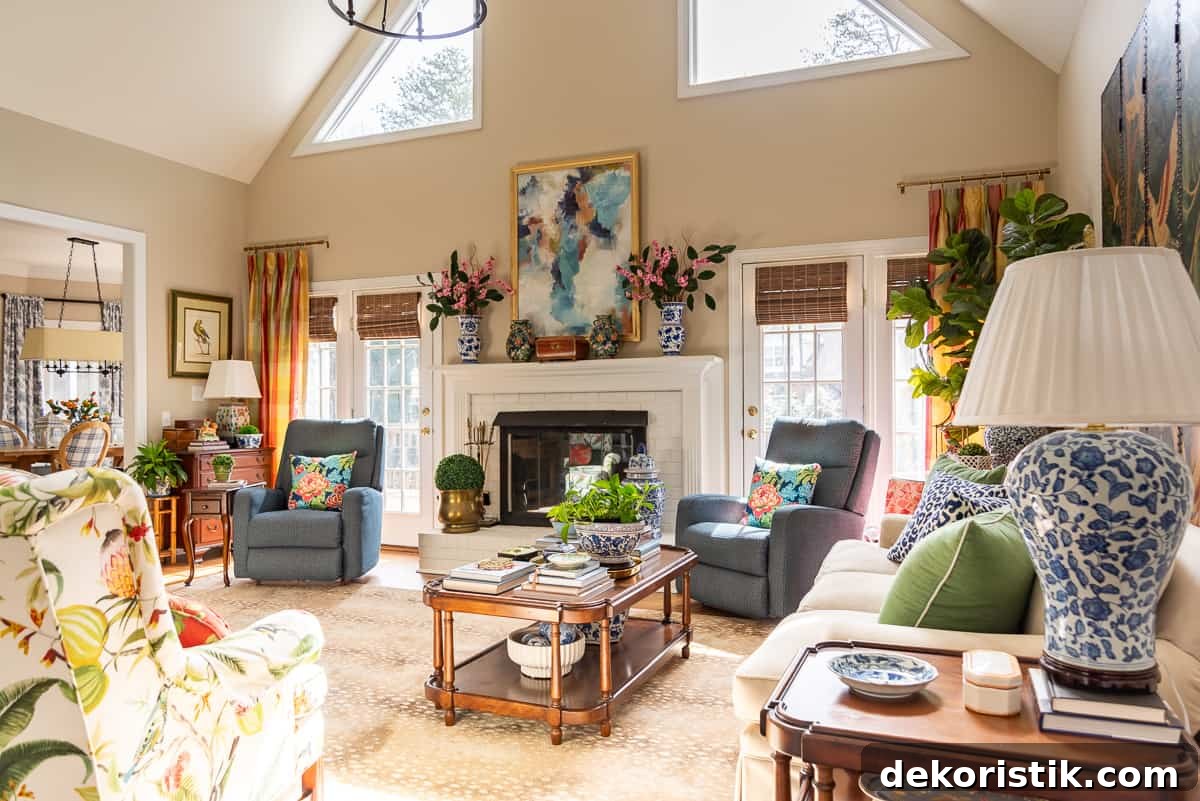 fireplace in a living room decorated in new traditional style with blue recliners, wood tables, colorful accessories and a faux antelope area rug