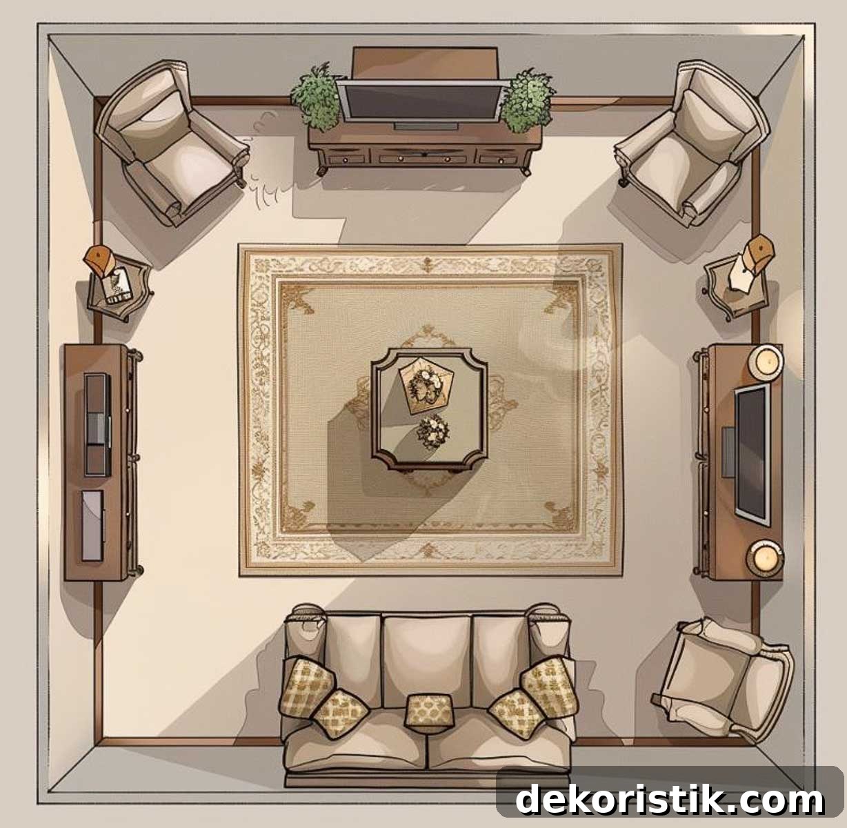 graphic image depicting an overhead view of a living room furniture arrangement