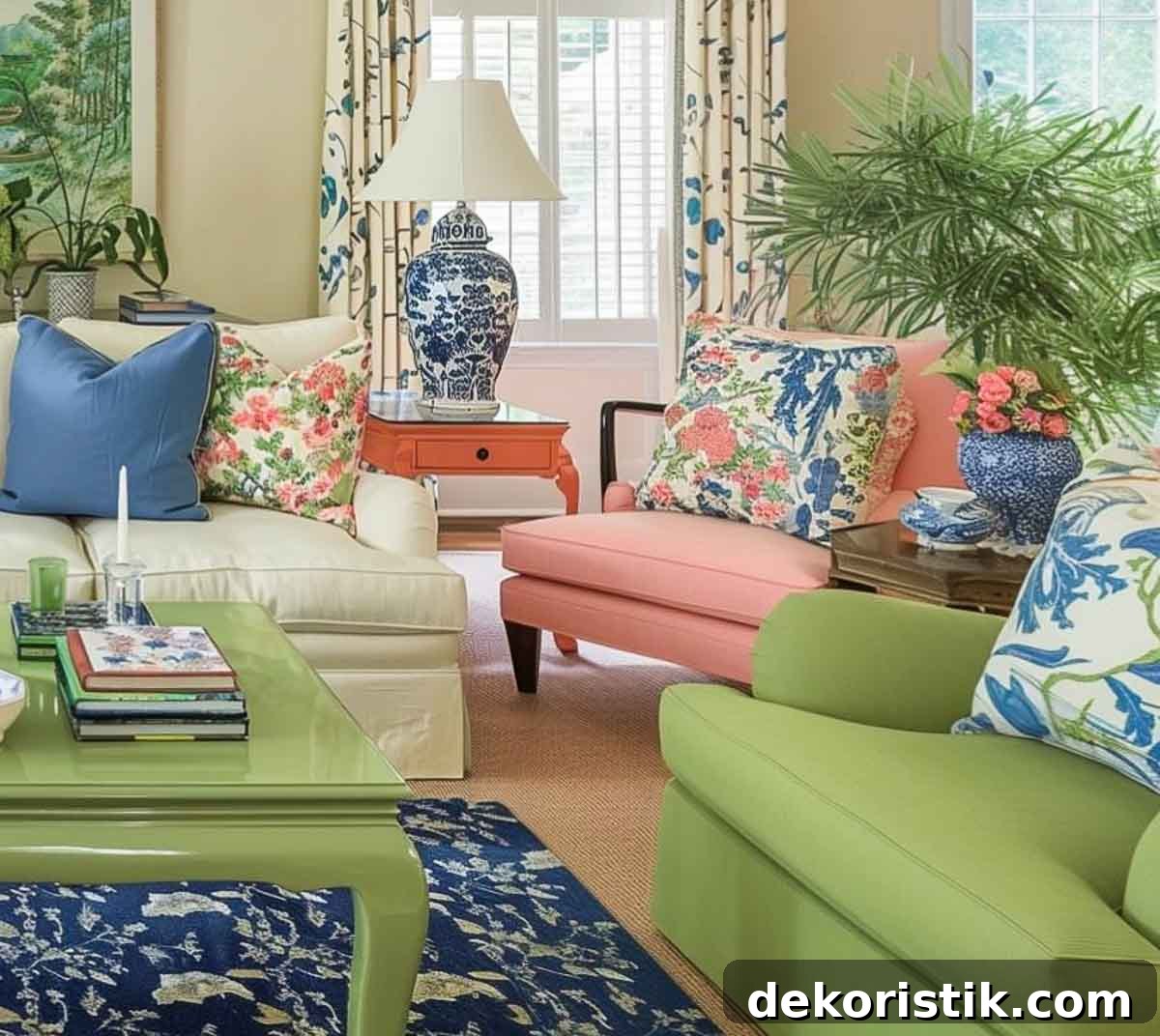 a traditionally furnished living room with a color palette of blue and white with coral accents