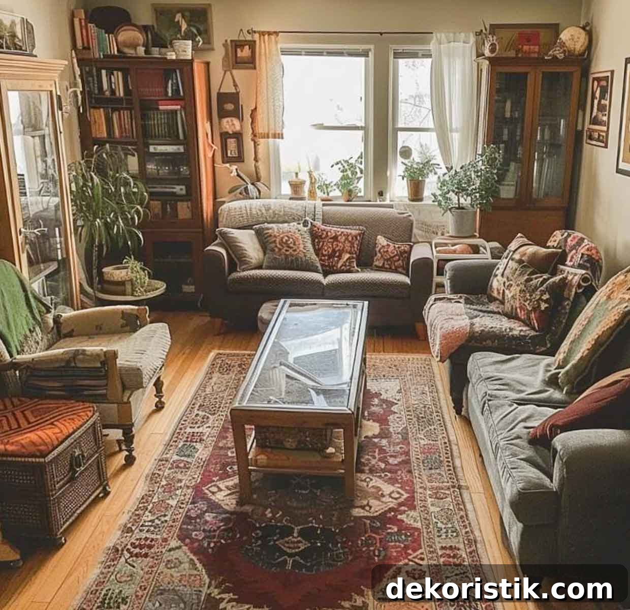 a casually decorated and furnished living room 