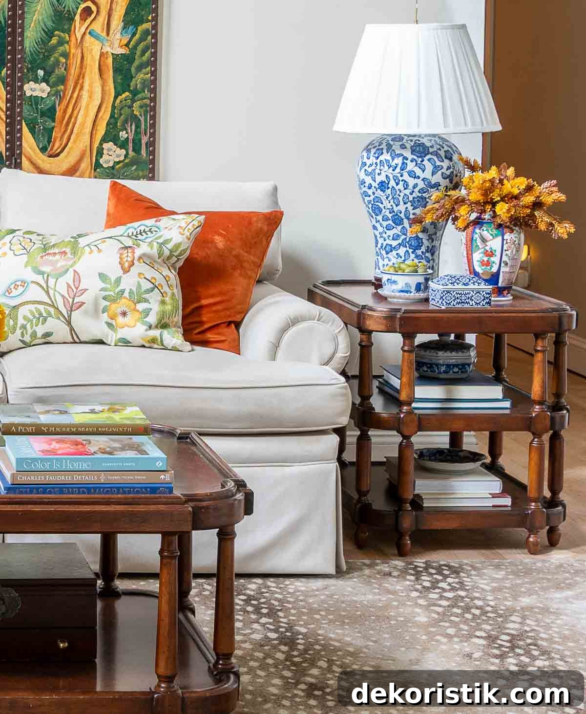 end table at the end of the couch with a blue and white lamp, one end of a coffee table and traditional style accessories and throw pillows