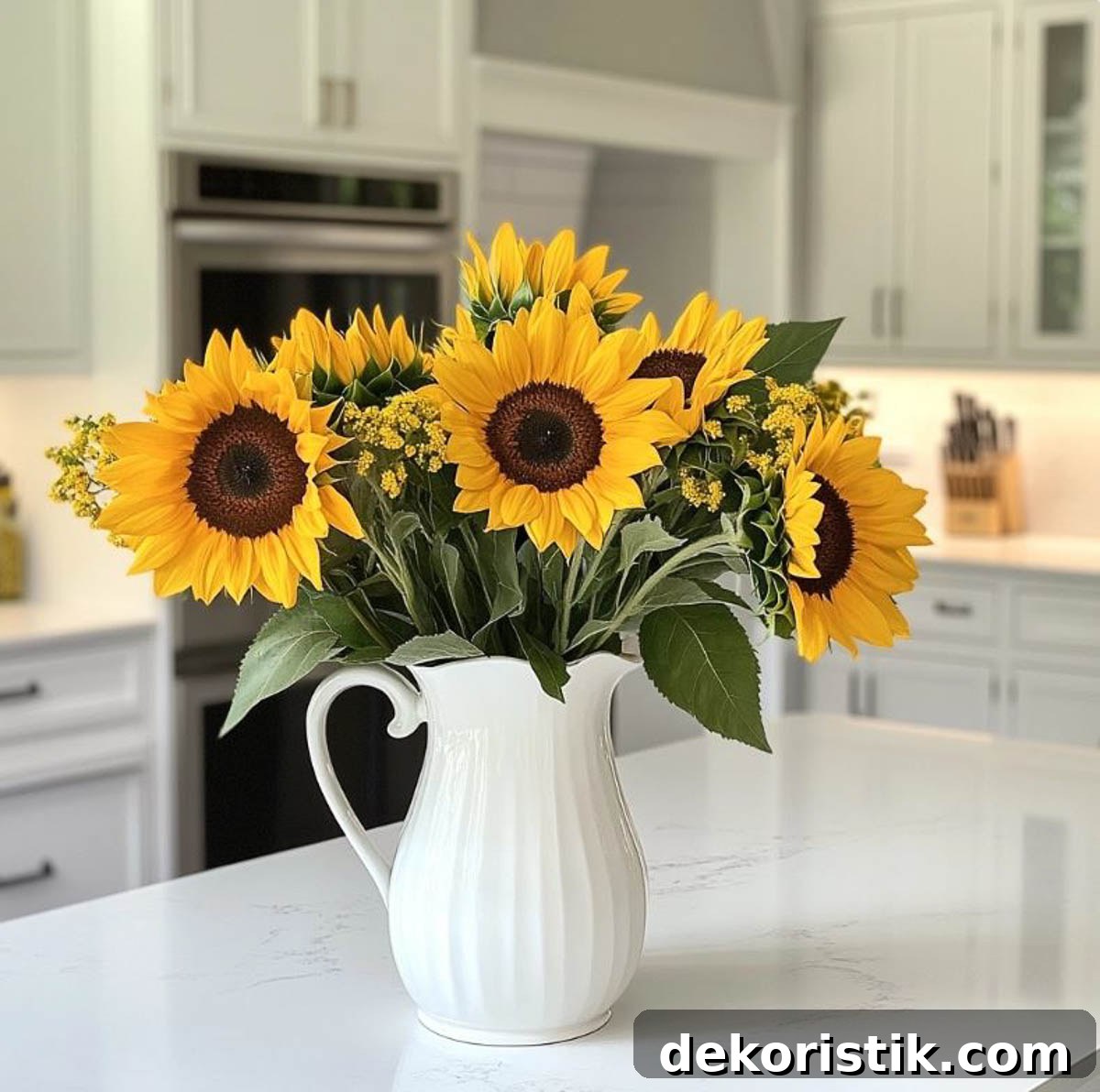 an arrangement of late summer sunflowers in a white pitchen on a kitchen counter