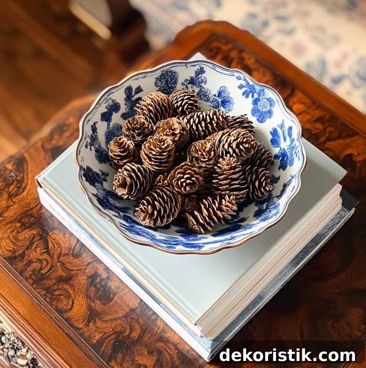 August decorating idea using a blue and white chinoiserie bowl filled with pinecones on top of a stack of books
