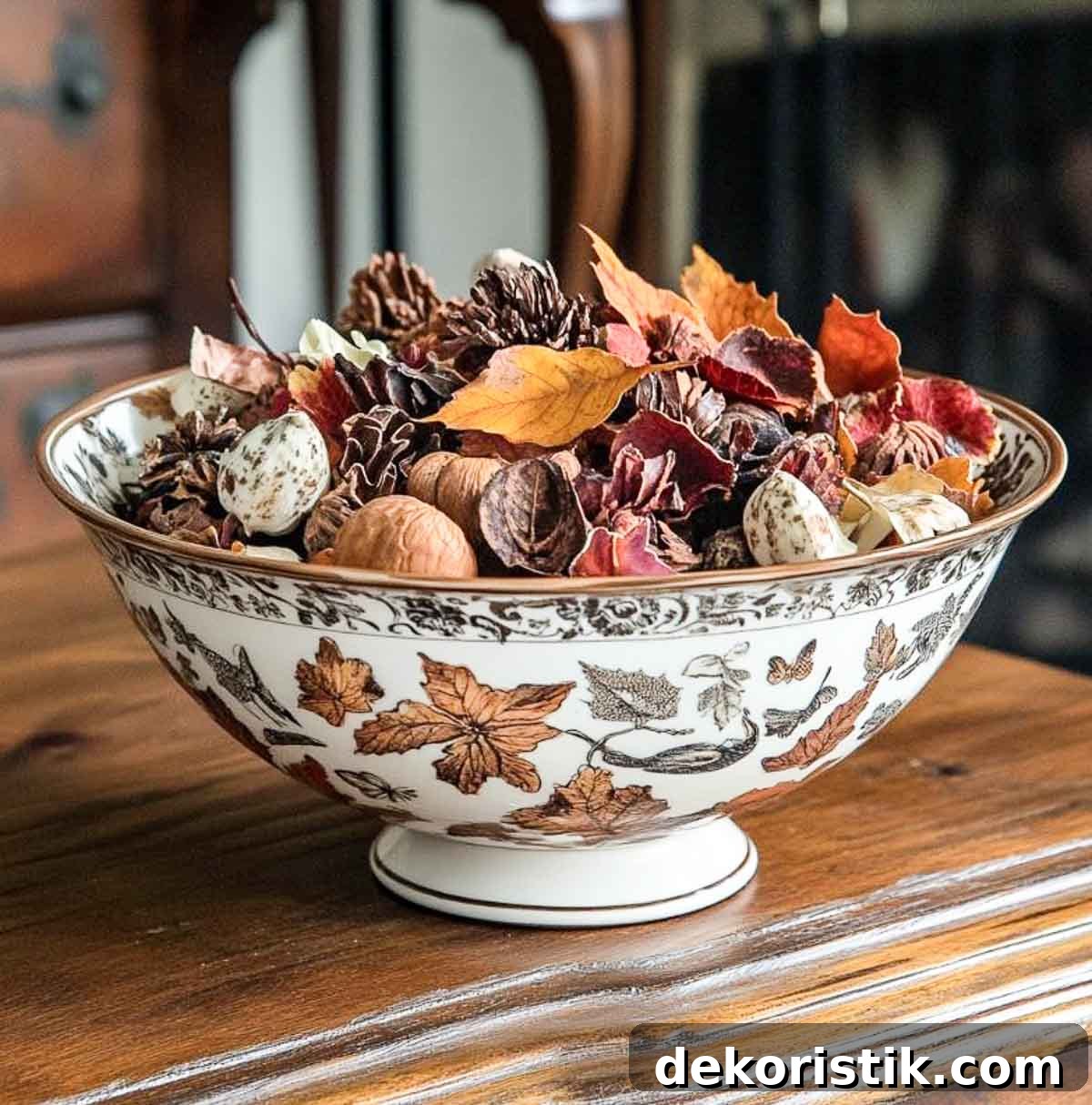 fall potpourri in a blue and white chinoiserie bowl for late summer decorating