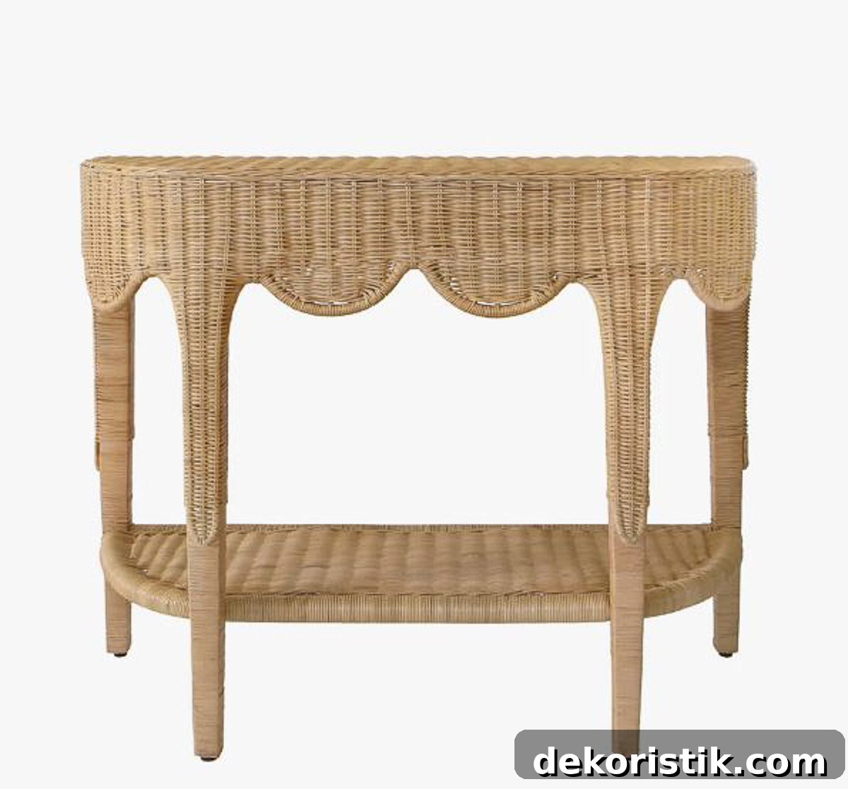 wicker console table with a scalloped edge
