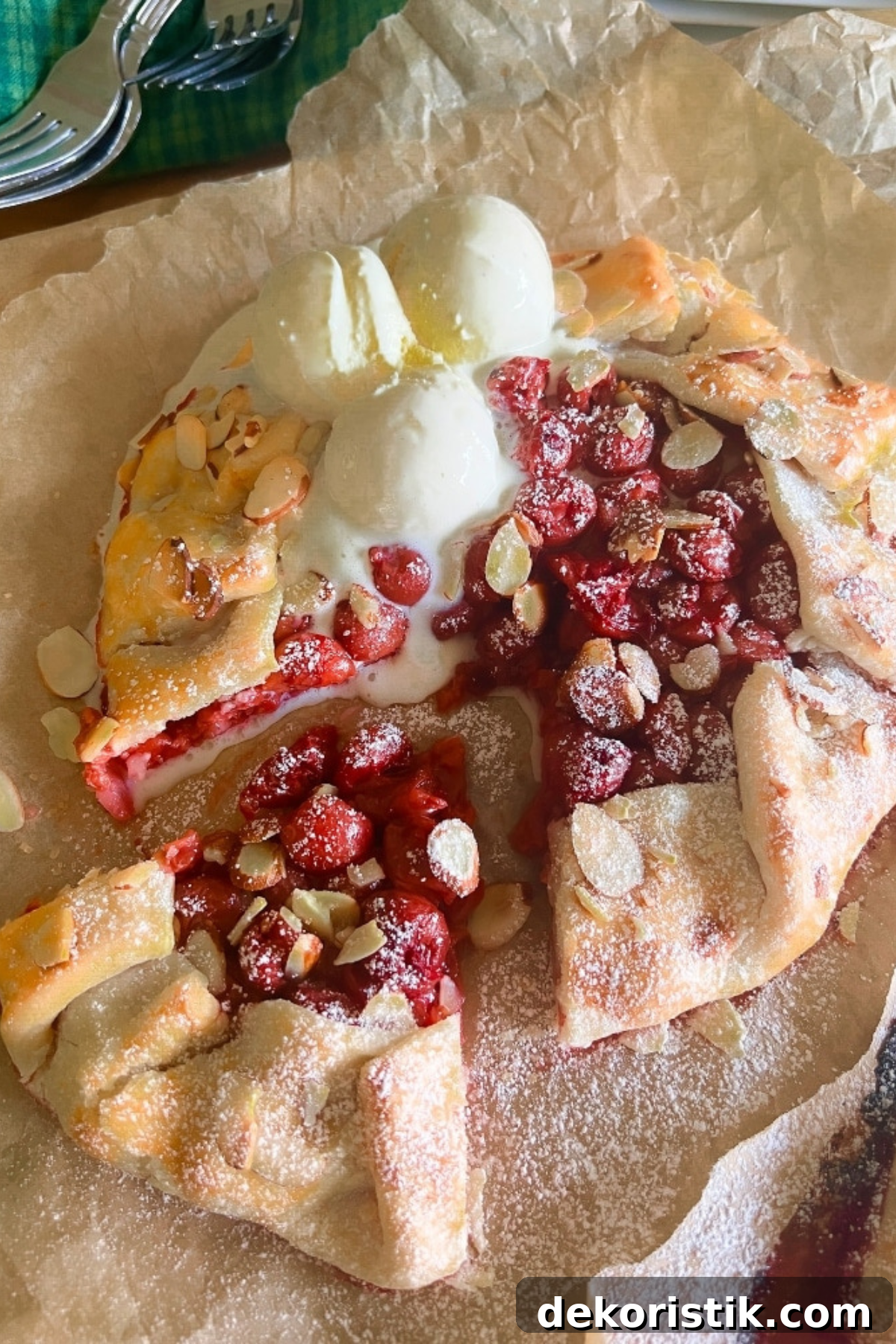 tart cherry and almond galette on a wooden board