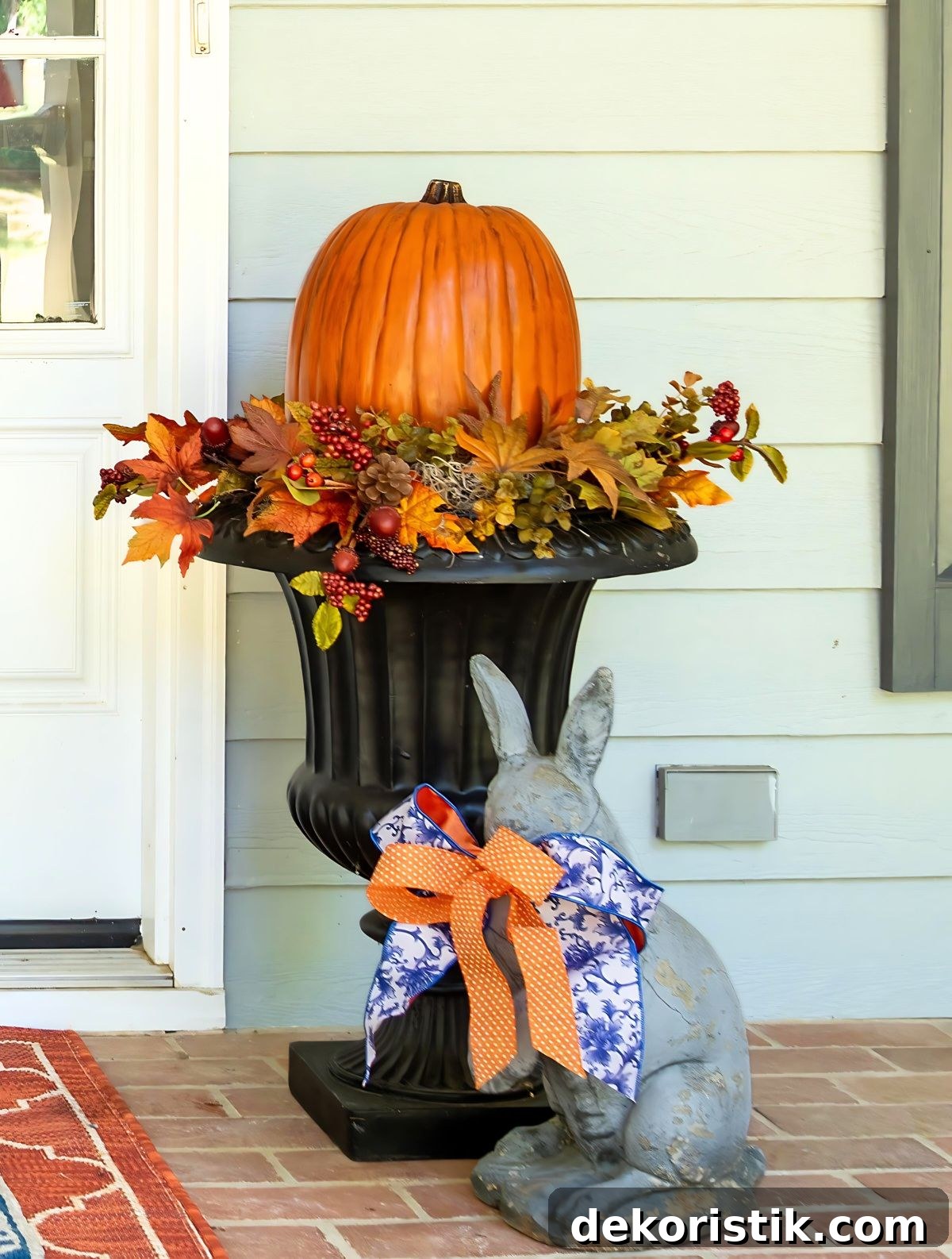fall arrangement with a large pumpkin and floral picks in a tall black urn on a front porch