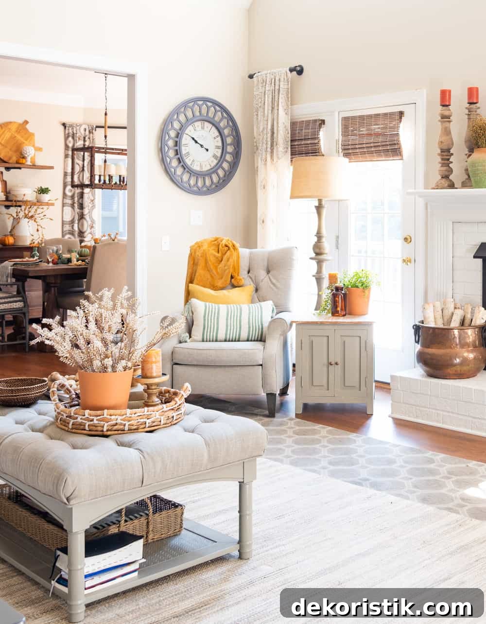 family room with neutral furniture decorated for fall