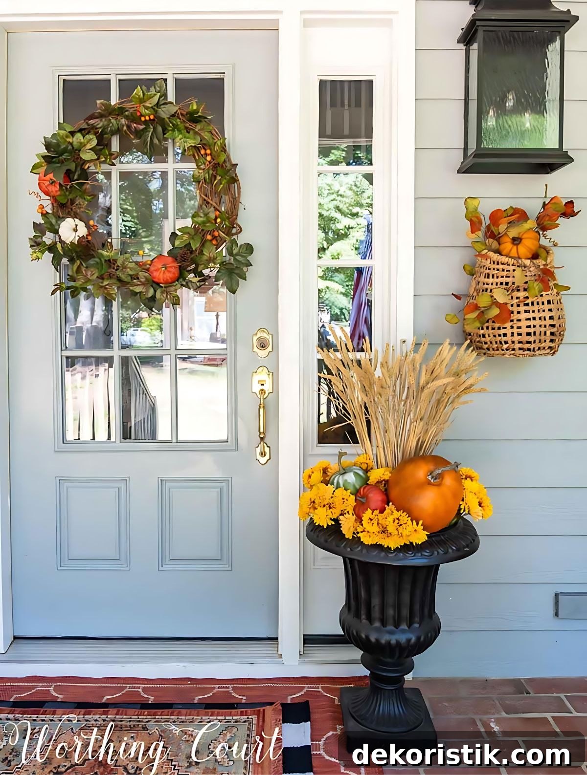 fall container and wreath on a front porch in front of a gray house using traditional fall colors and elements
