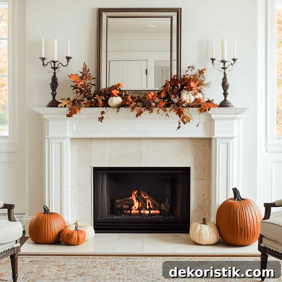 fireplace with white surround decorated for fall