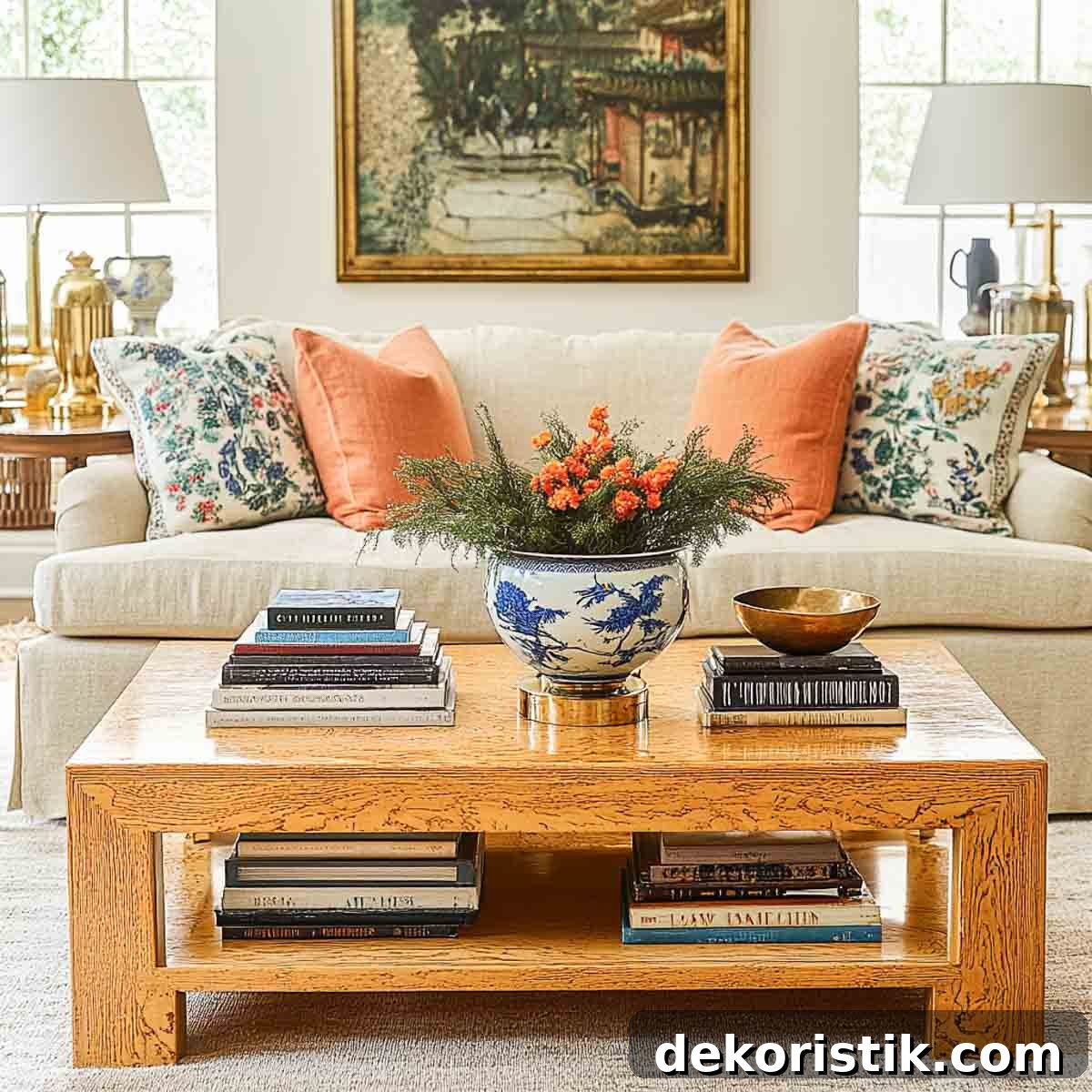 wood coffee table in front of a neutral sofa decorated for fall