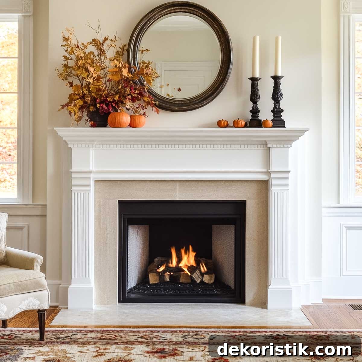 fireplace with white surround decorated for fall