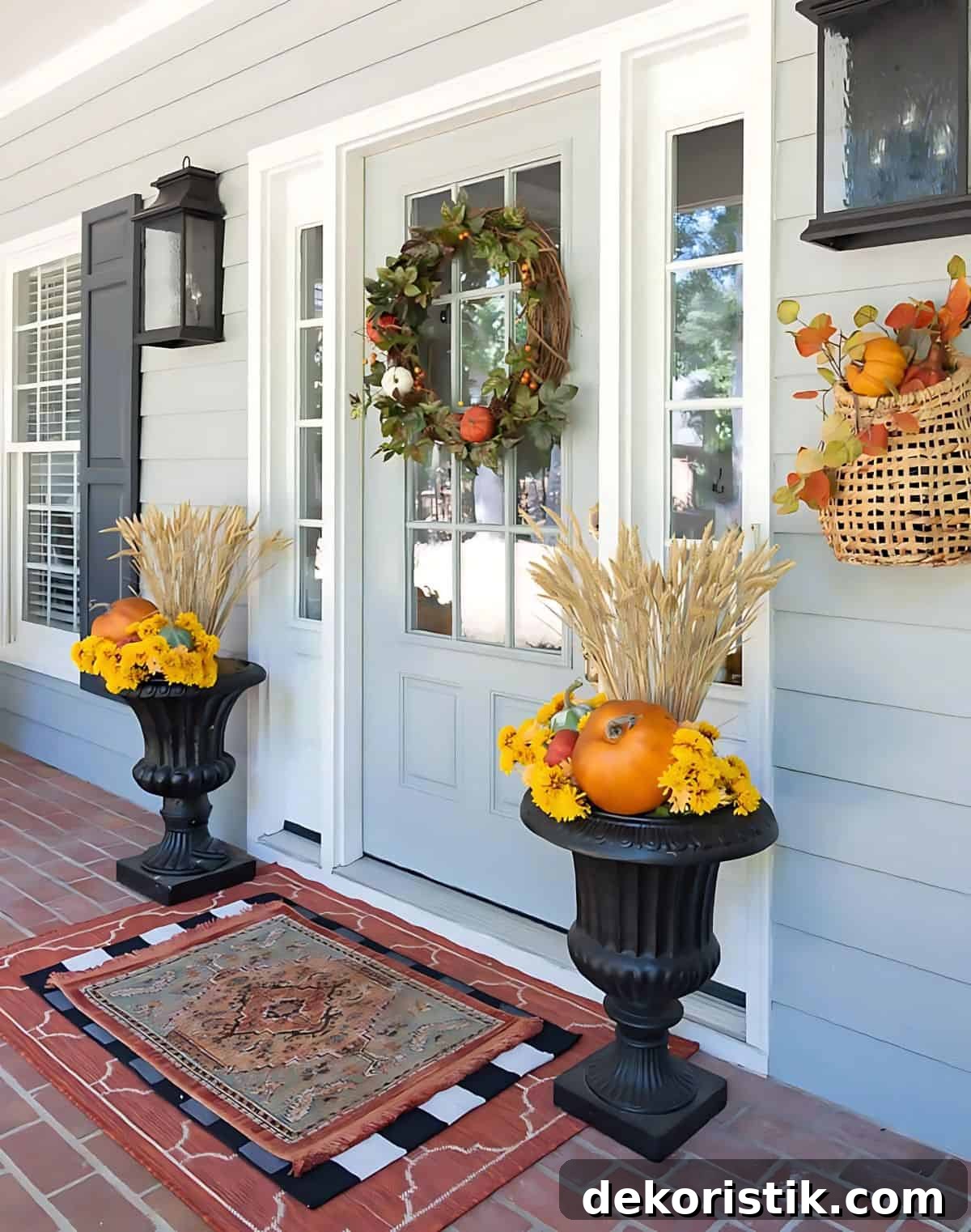front porch decorated for fall with layered doormats, fall planters and a fall wreath on a gray front door