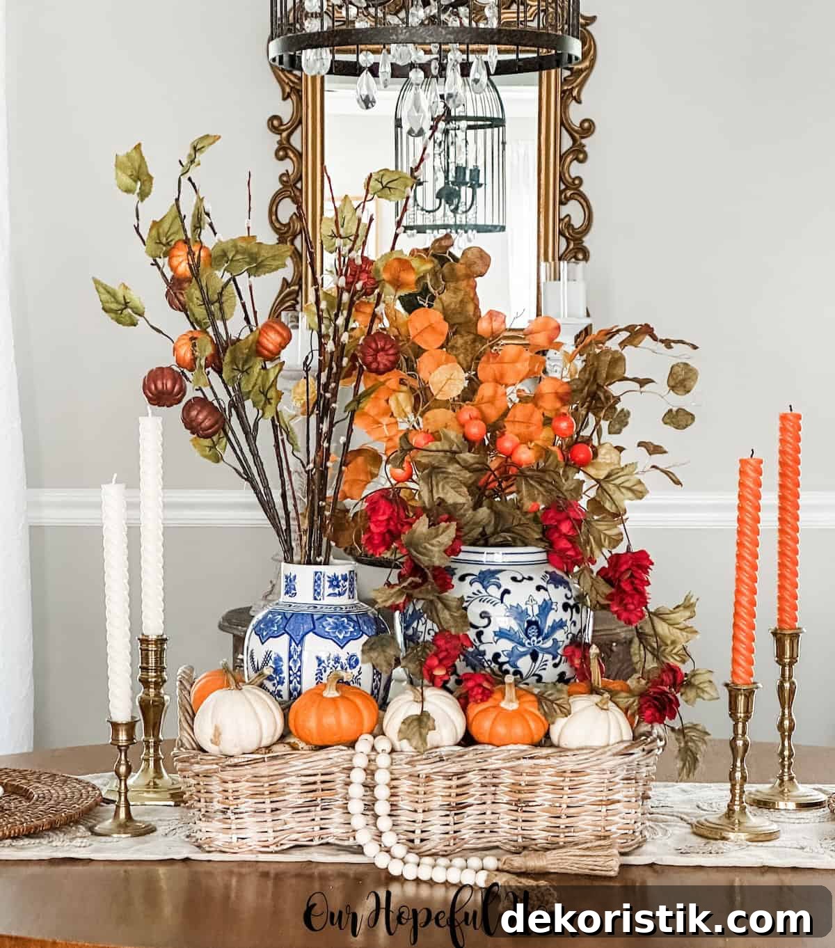 Fall centerpiece with chinoiserie