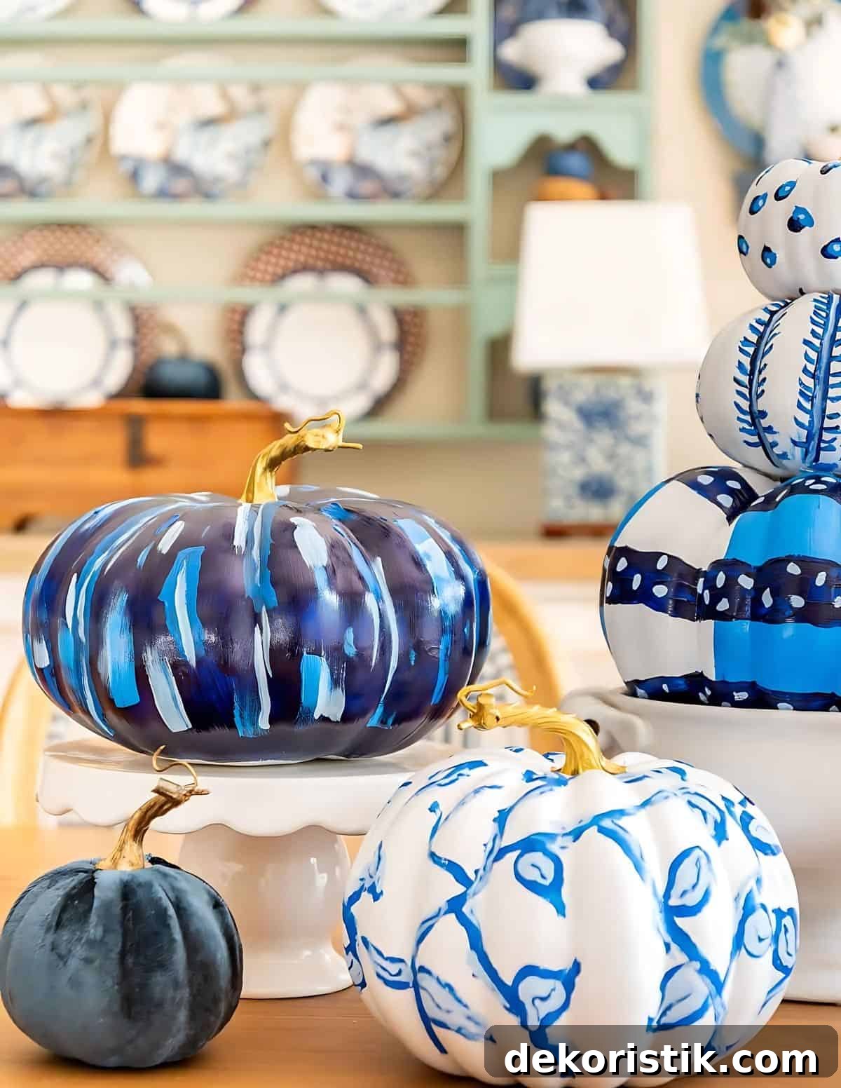 DIY Painted Pumpkin Centerpiece Ideas for Fall Decor 7 blue and white DIY painted pumpkins used as a centerpiece