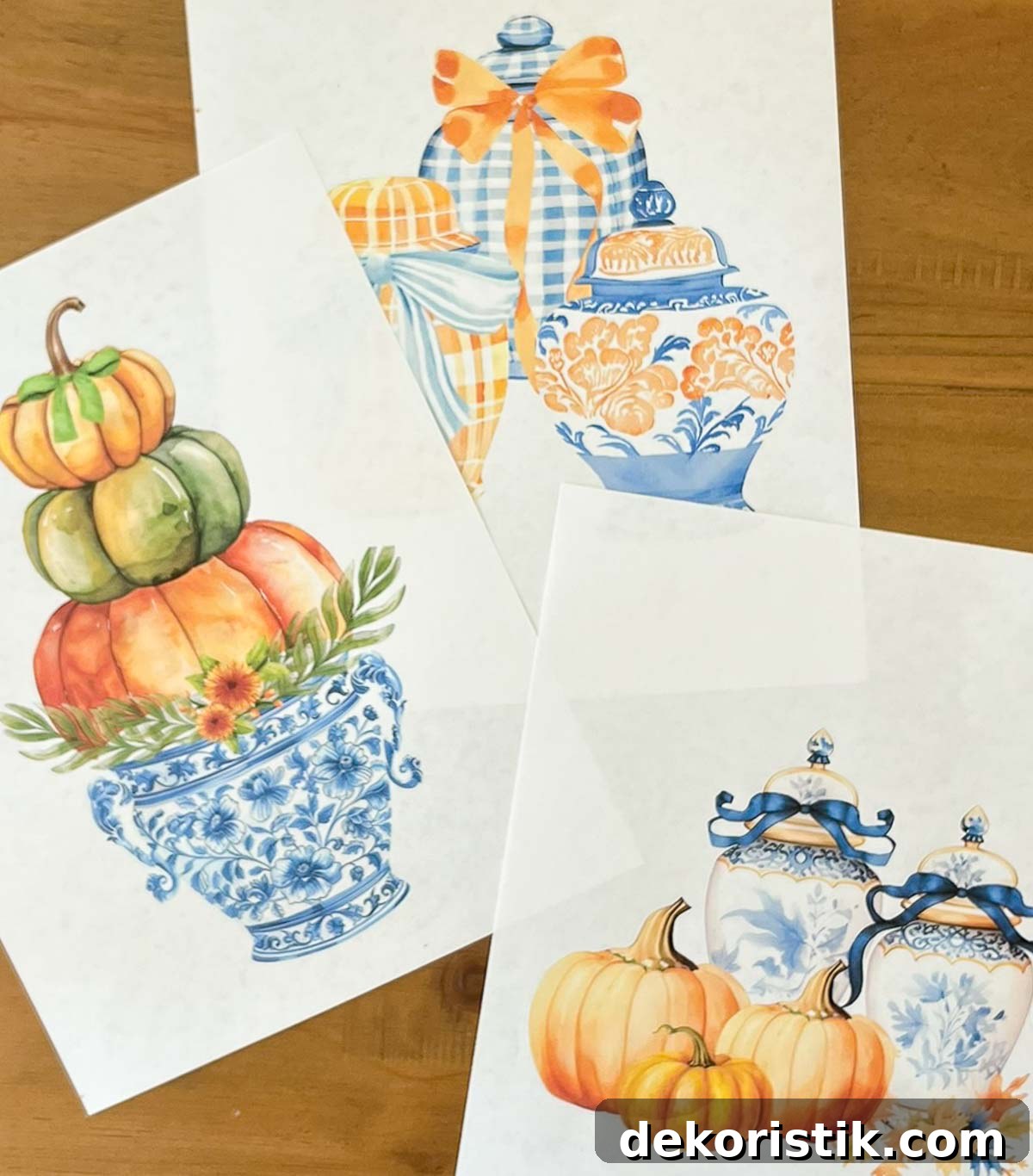 3 free fall printables lying in a group on a wood table