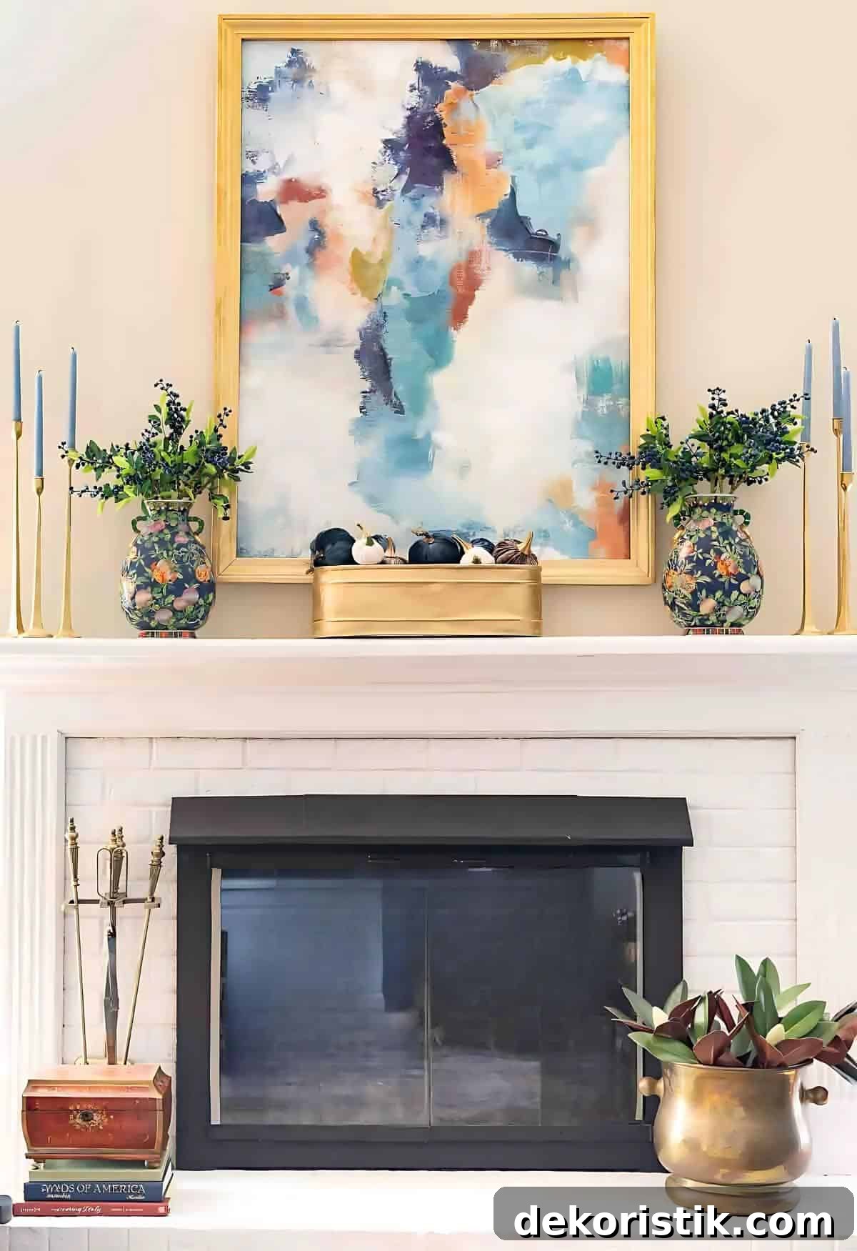 white brick fireplace hearth and mantel decorated for fall