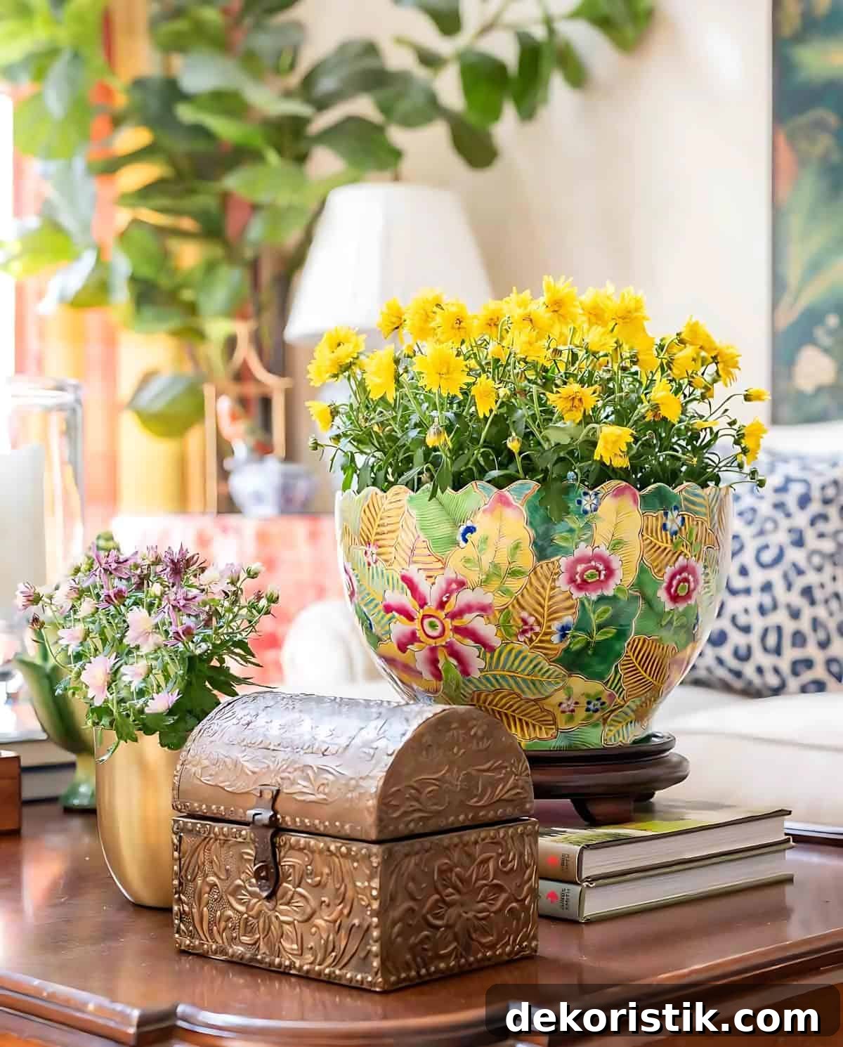 colorful ceramic planter with a yellow mum and other accessories to create a fall vignette on a wood coffee table