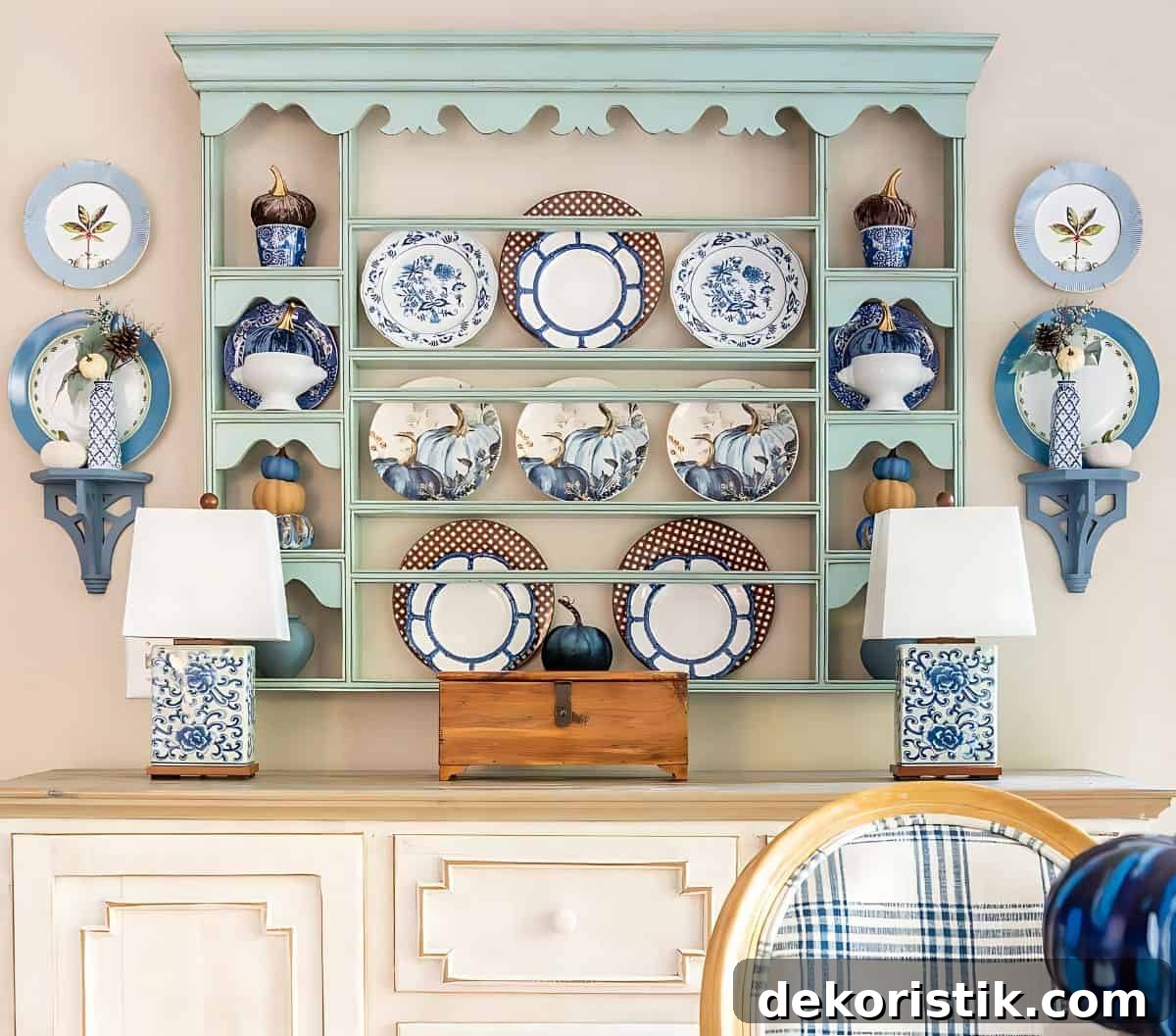 blue, white and brown dishes displayed on a plate rack for fall