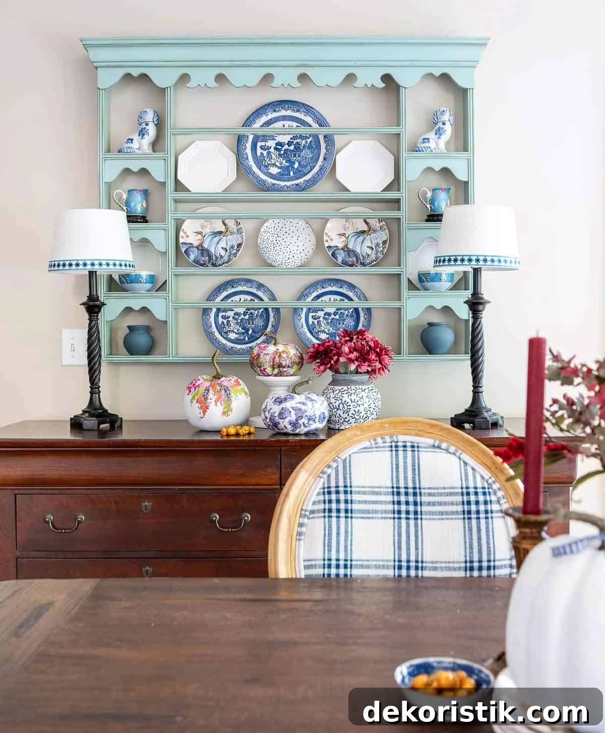 plate rack decorated with blue and white plates