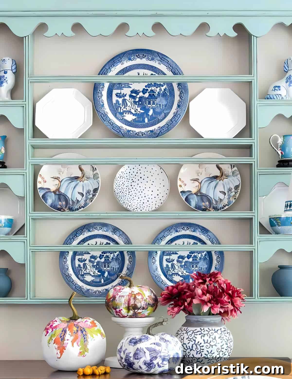plate rack decorated with blue and white plates
