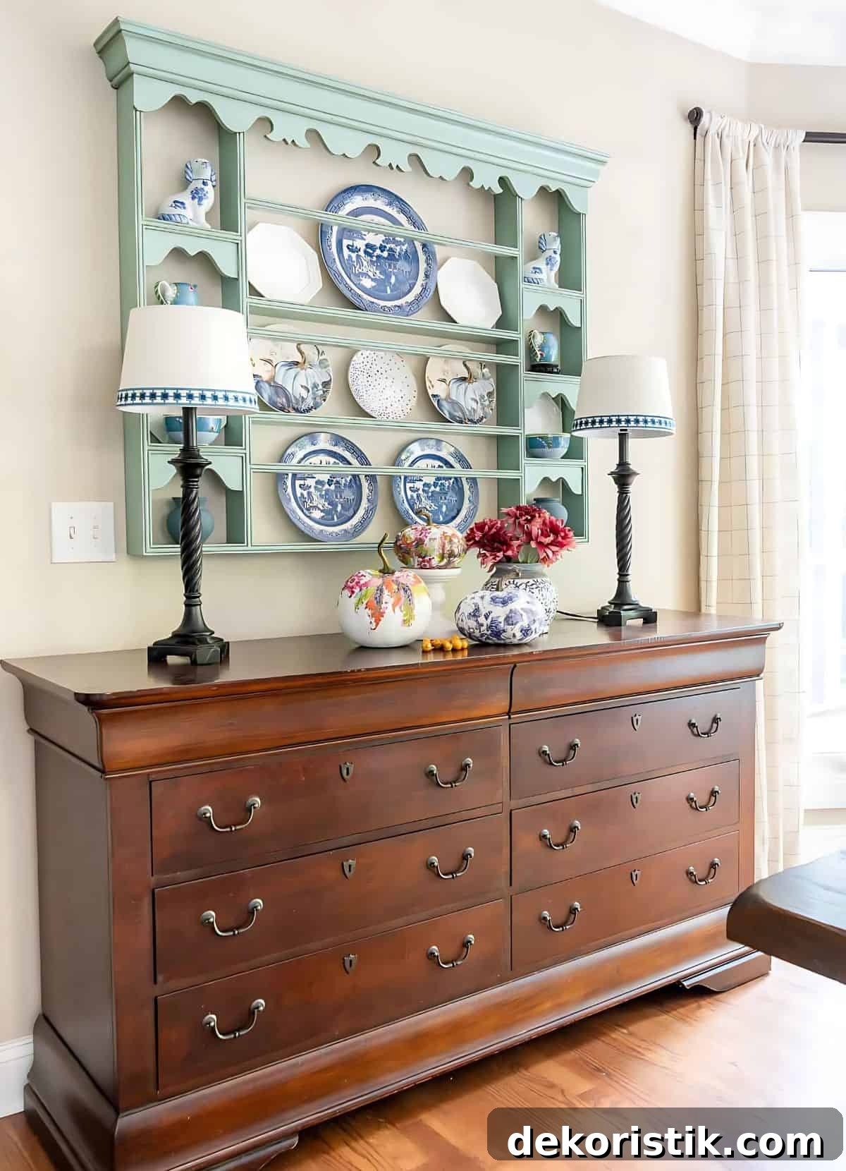 plate rack decorated with blue and white plates