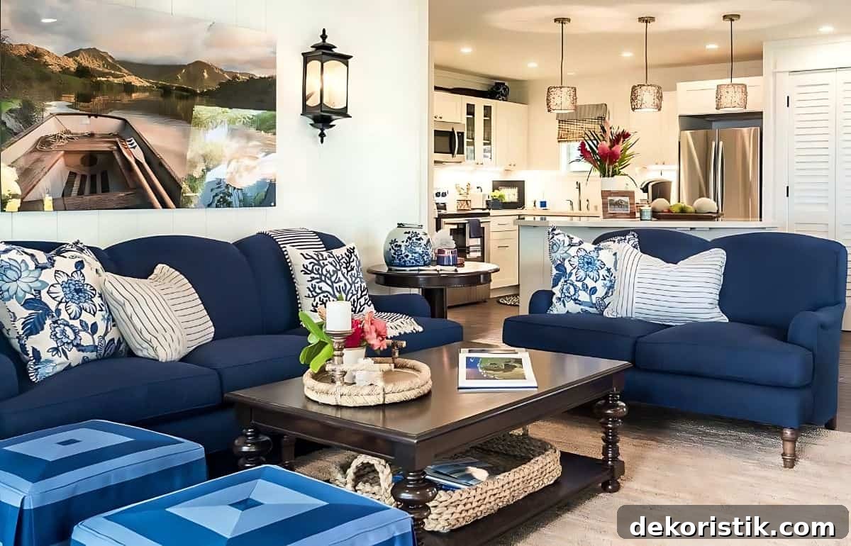 open floor plan living room with matching dark blue sofas