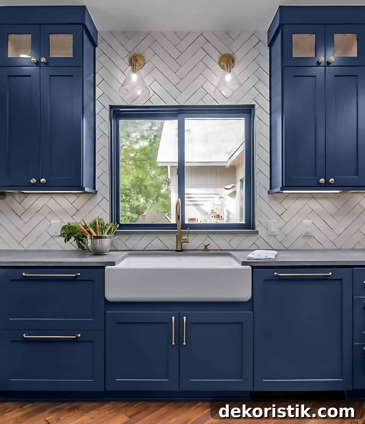 kitchen with farmhouse sink surrounded by blue cabinets