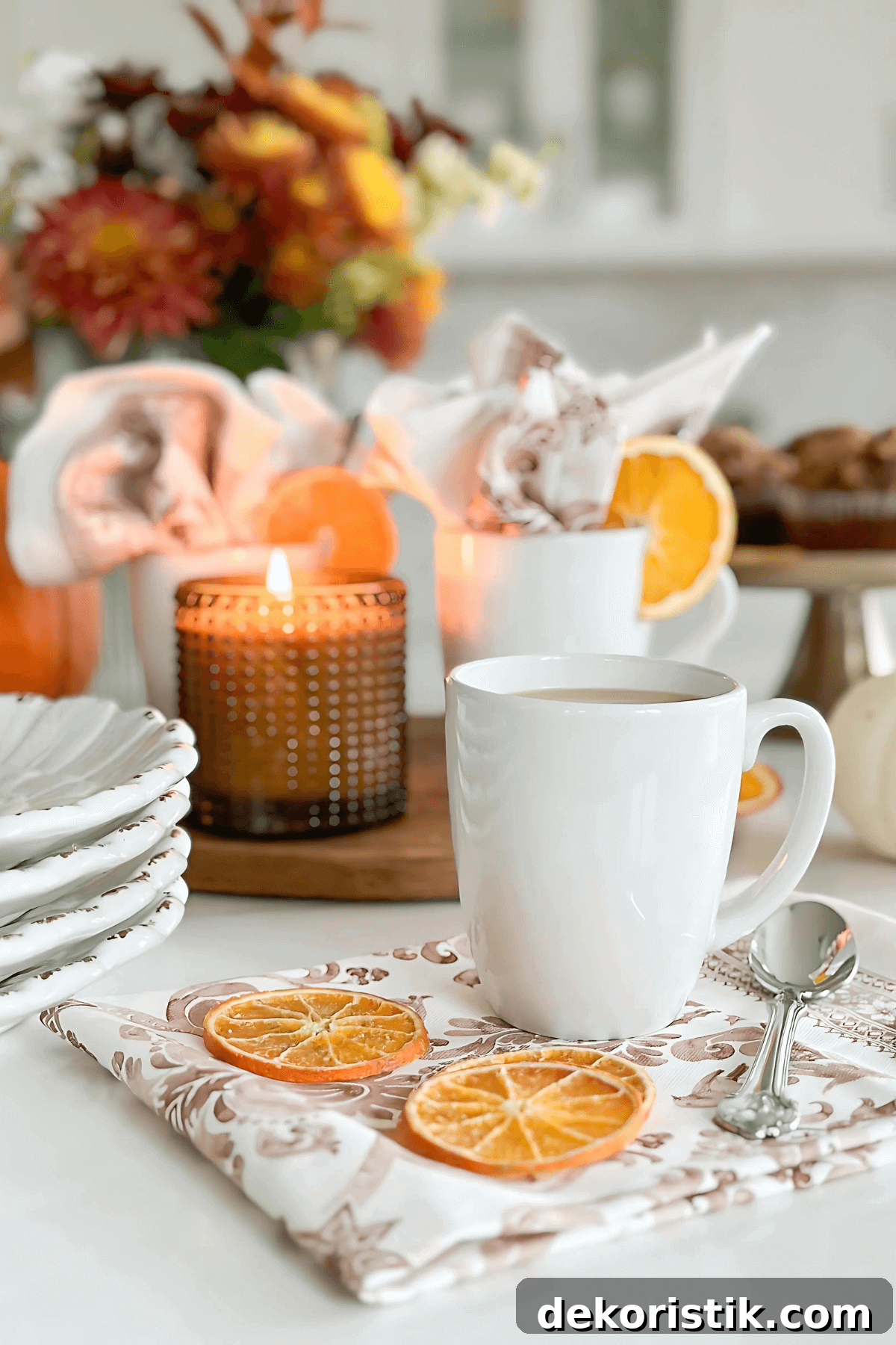 Thanksgiving morning coffee bar with white dishes