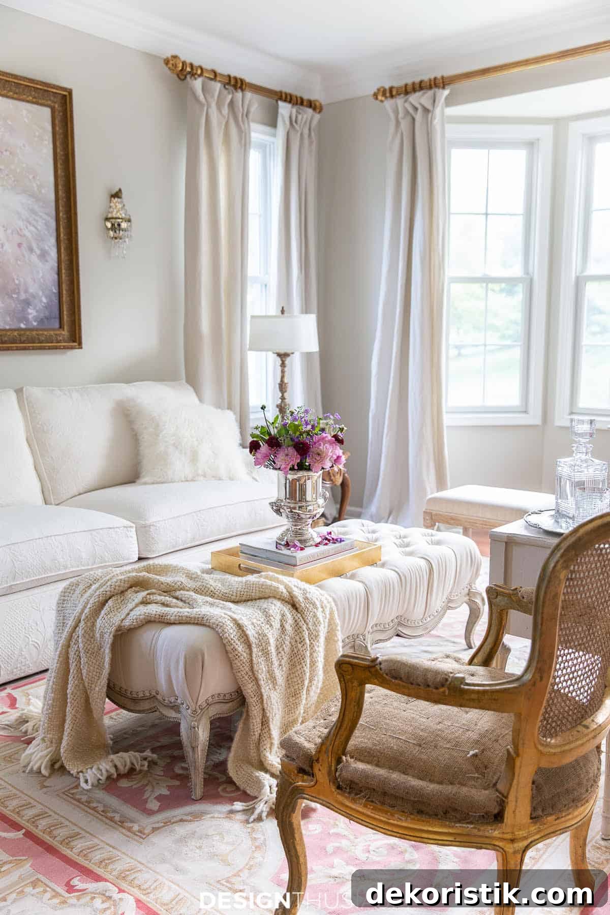 white sofa in a white room with a white throw thrown over an upholstered coffee table