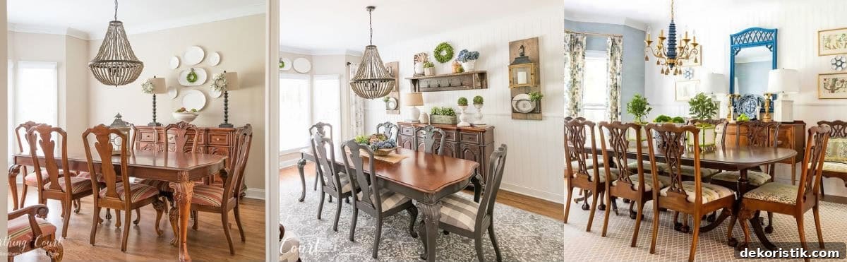 three pictures of dining room design changes over 10 years