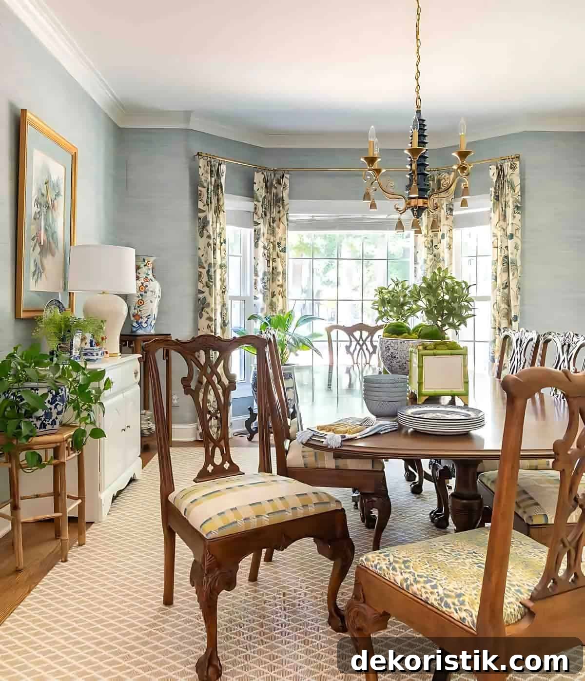 dining room with traditional brown furniture and chinoiserie accessories