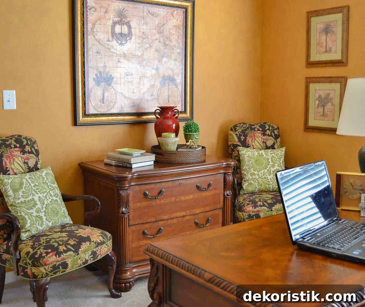 home office with side chairs, desk, file cabinet decorated with gold, green and red