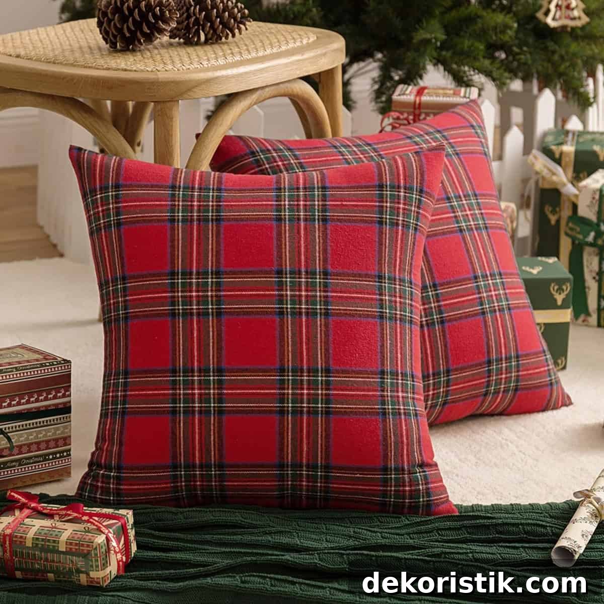 plaid pillows on sofa
