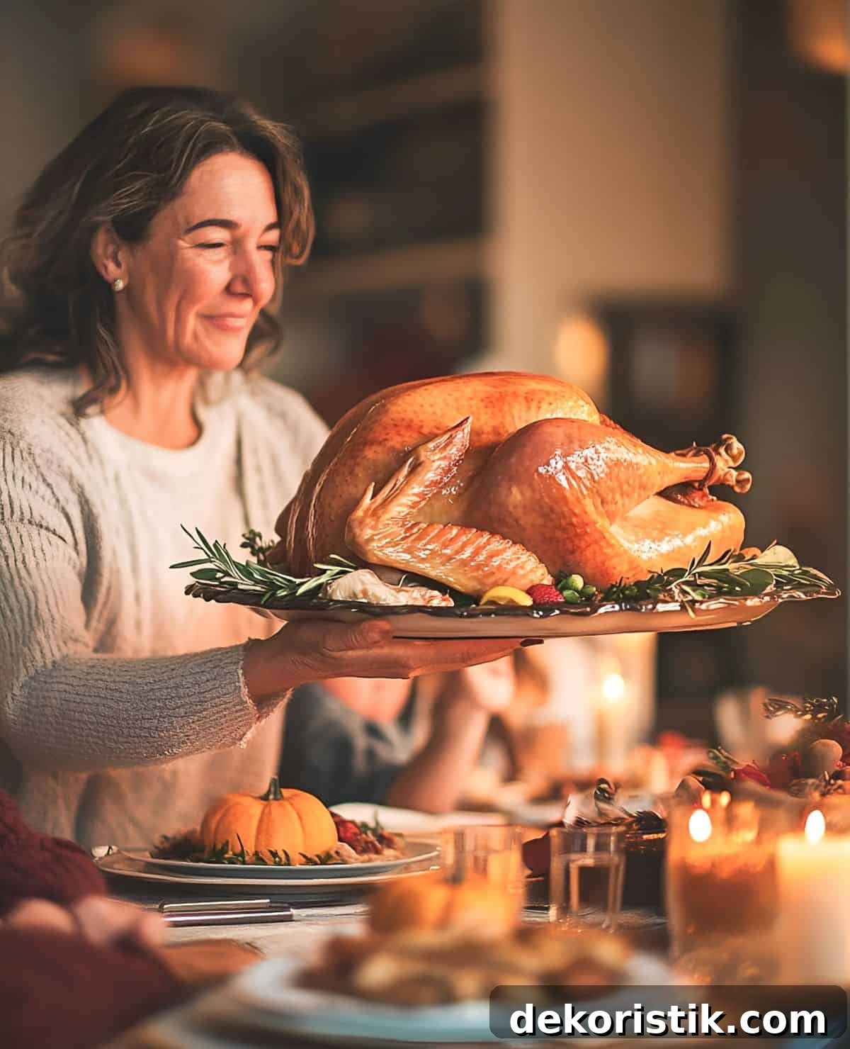 Woman bringing a whole cooked turkey to the table on a platter