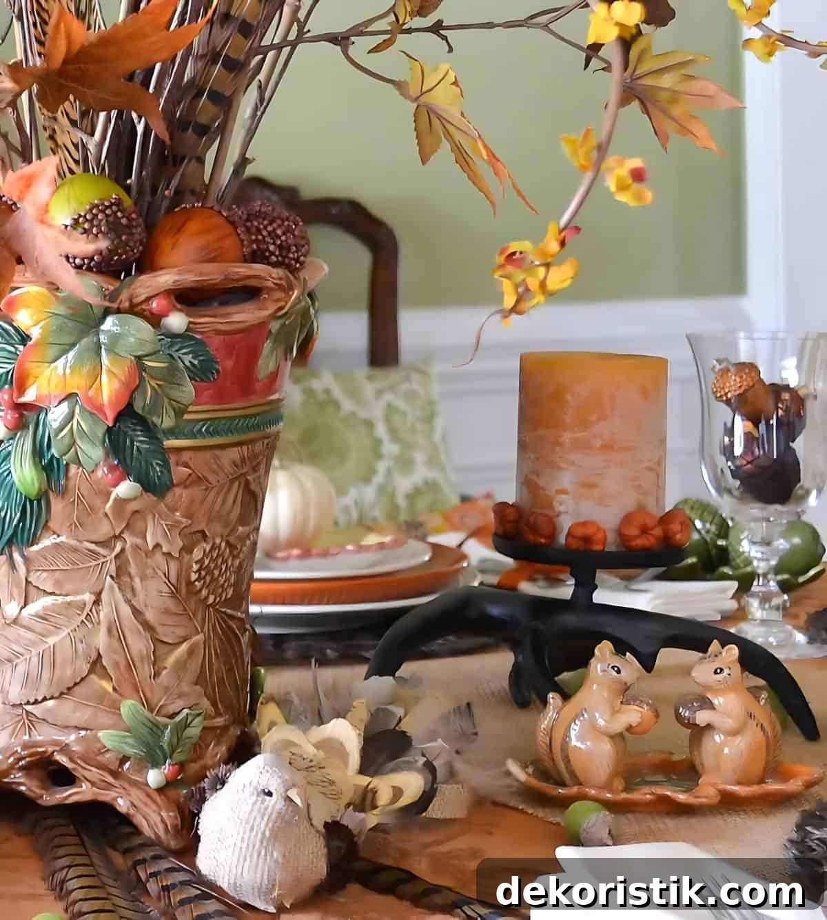 Bountiful Thanksgiving tablescape set with a variety of fall and traditional Thanksgiving colors and elements