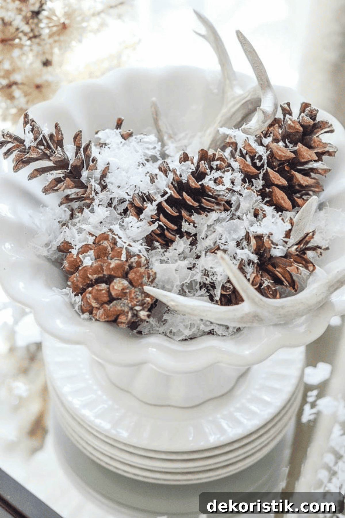 white bowl filled with pinecones and fake snow