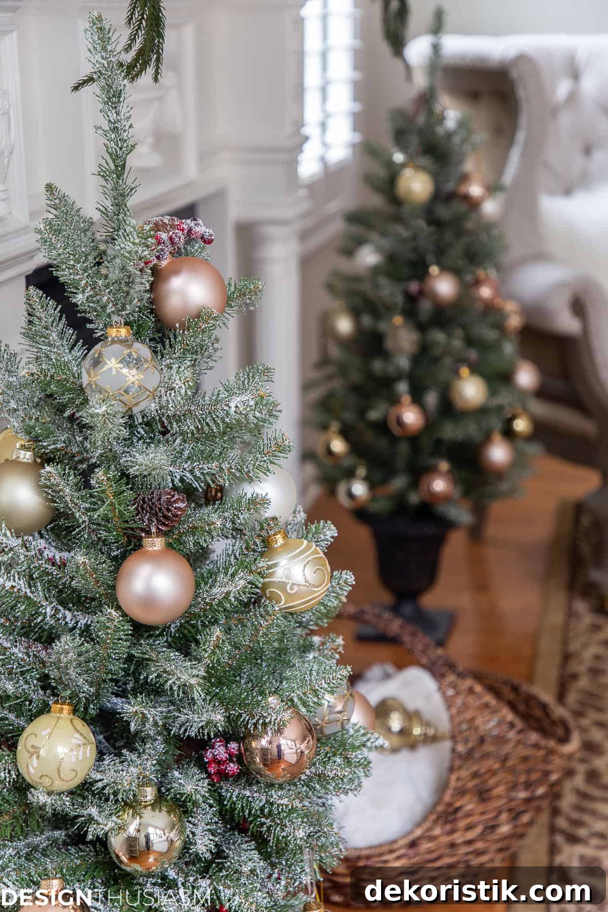 mini Christmas trees with gold ornaments on a porch