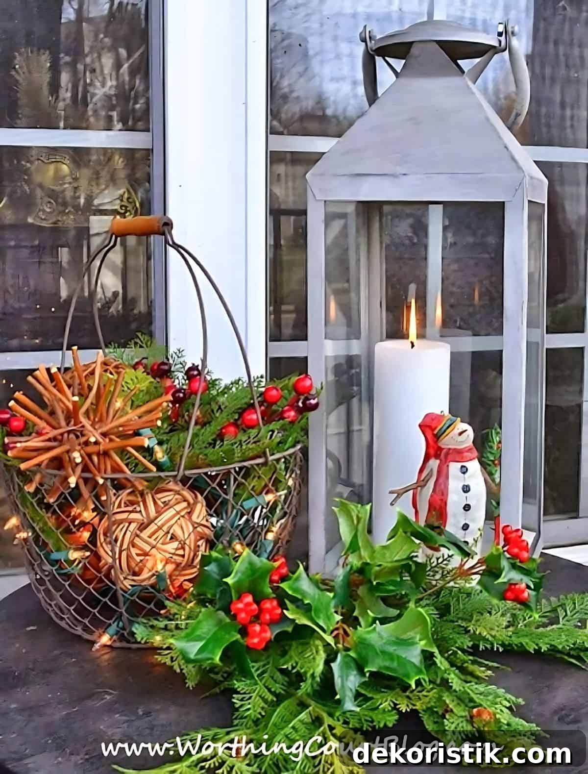 Christmas Vignette Ideas to Elevate Your Holiday Decor 12 Christmas vignette on an outdoor table with a lantern and basket filled with greenery and grapevine orbs
