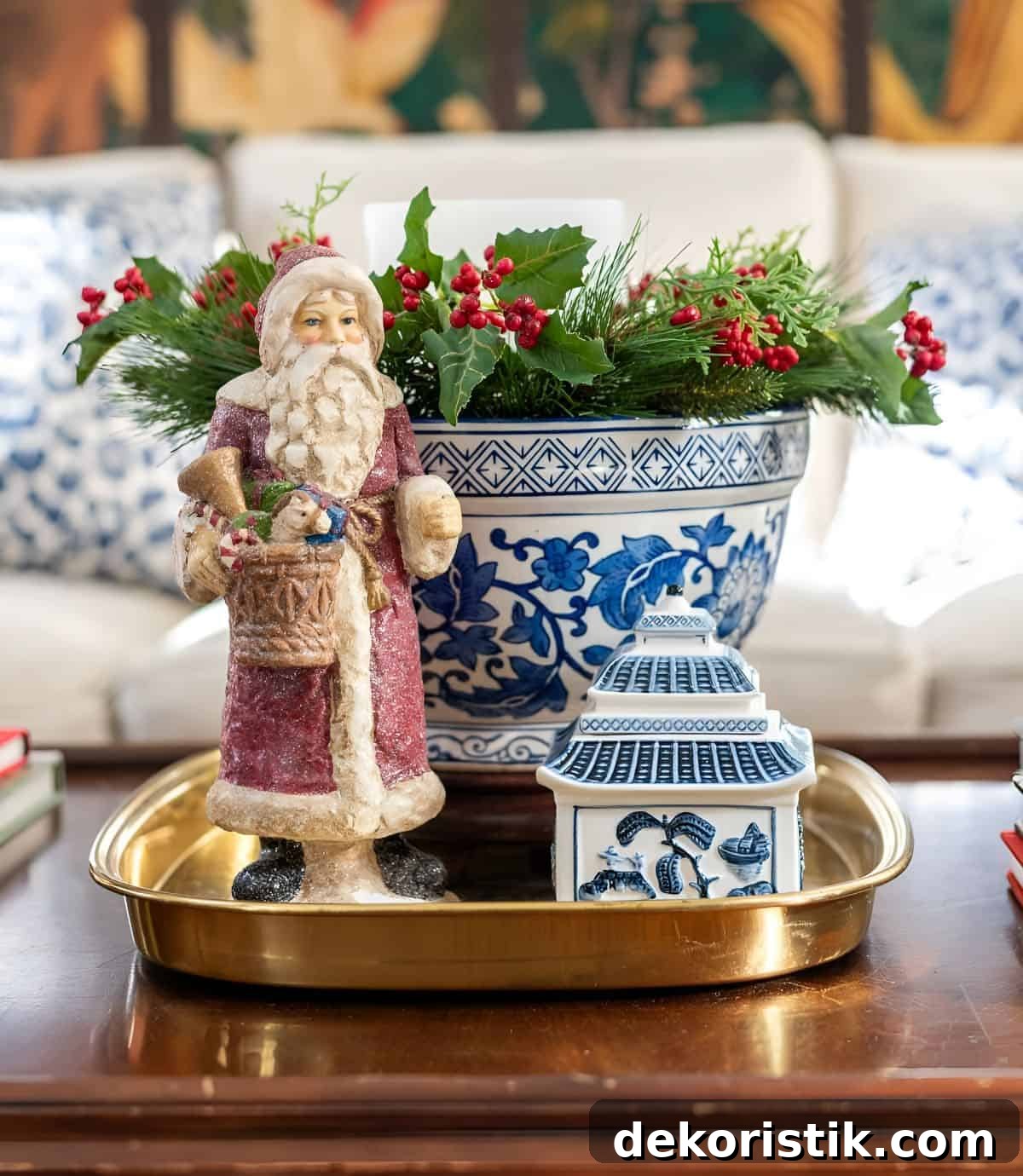 Christmas Vignette Ideas to Elevate Your Holiday Decor 3 Christmas vignette with Santa Claus on a coffee table
